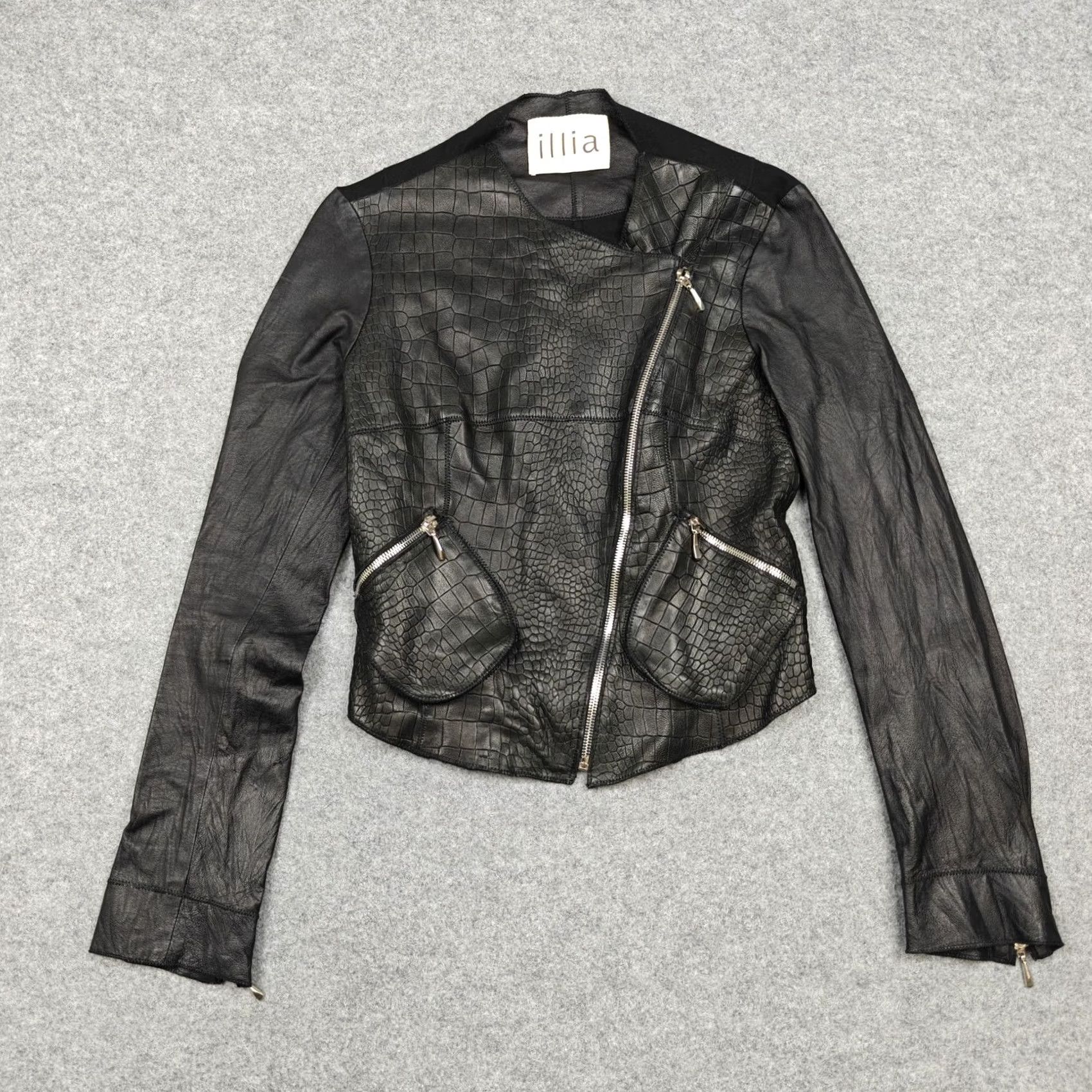 Vintage Illia Jacket Womens 0 Black Leather Croc Embossed Moto Asym Zip Pockets Stretch Jacket, Black, Womens, 0, Leather, Zip, Pockets, Moto, Illia, 90s? Size XS / US 0-2 / IT 36-38 - 2 Thumbnail