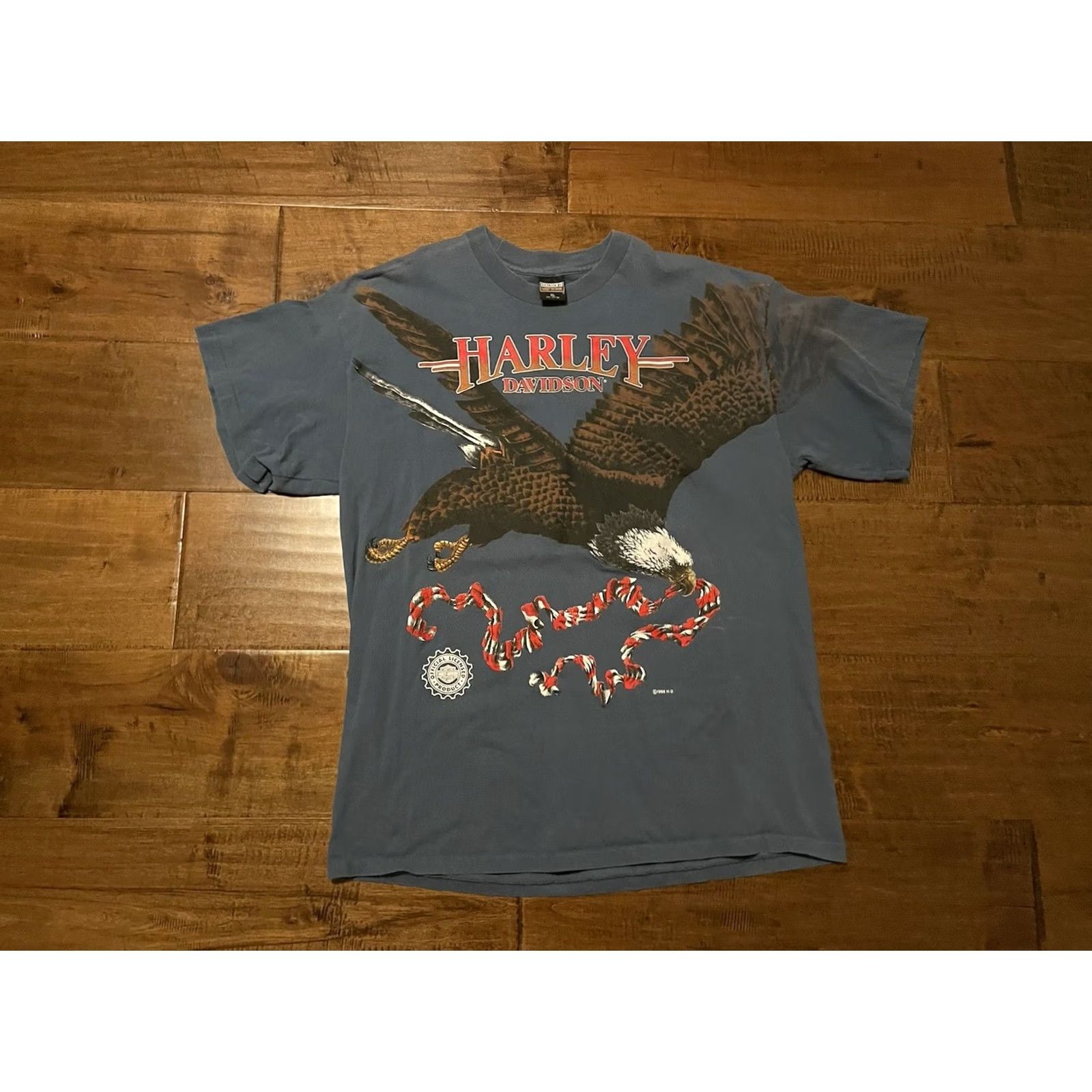 Harley Davidson VINTAGE Harley-Davidson T-Shirt Blue XL Adult Regular Crew Neck 1996 Motorcycles Eagle All Over Print Mens Size US XL / EU 56 / 4 - 2 Thumbnail