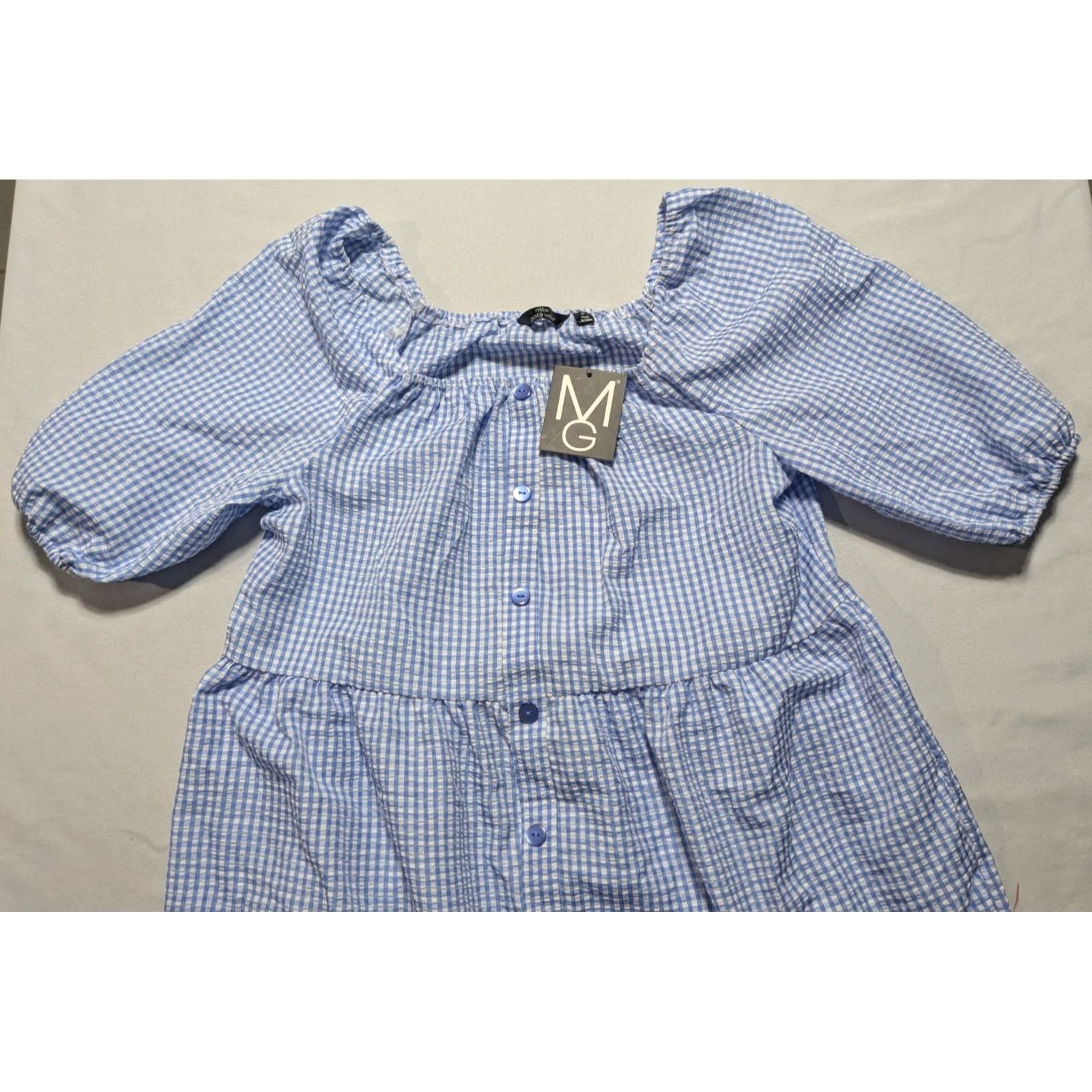 Vintage MLLE GABRIELLE Blue White Gingham Dress - Women Medium Pullover NEW Midi Sundress Short Puff Sleeve Scoop Neck Womens Size M / US 6-8 / IT 42-44 - 3 Thumbnail