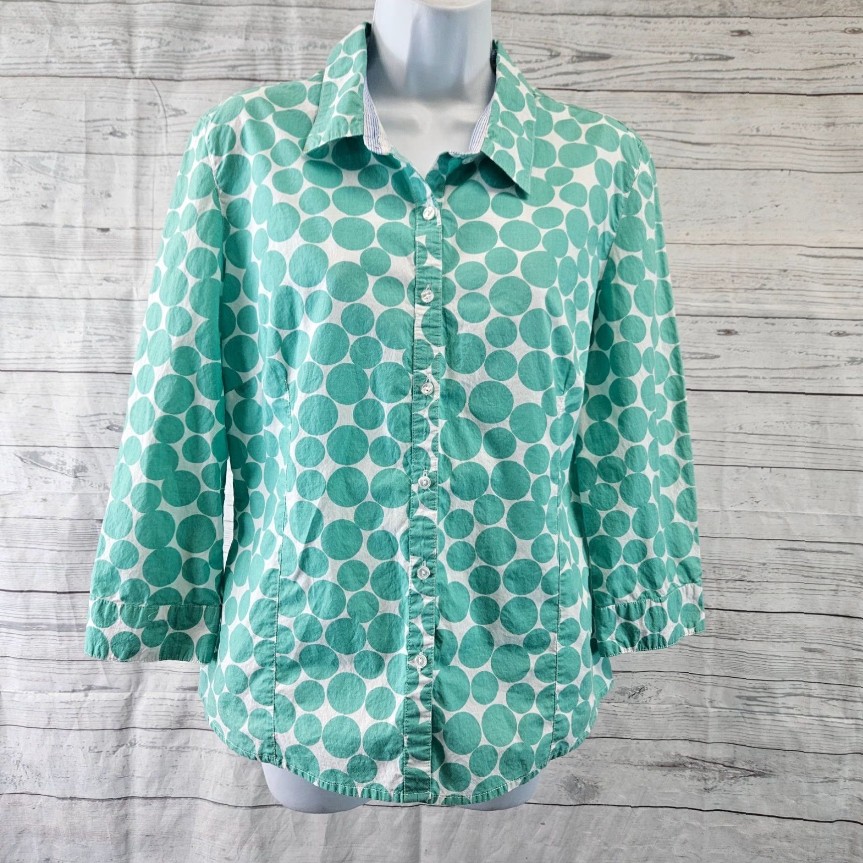 Vintage Garnet Hill Womens Button Front Top Sz 8P Mint Green White 3/4 Sleeve Cotton Polka Dot Shirt Adults Womens Size M / US 6-8 / IT 42-44 - 2 Thumbnail
