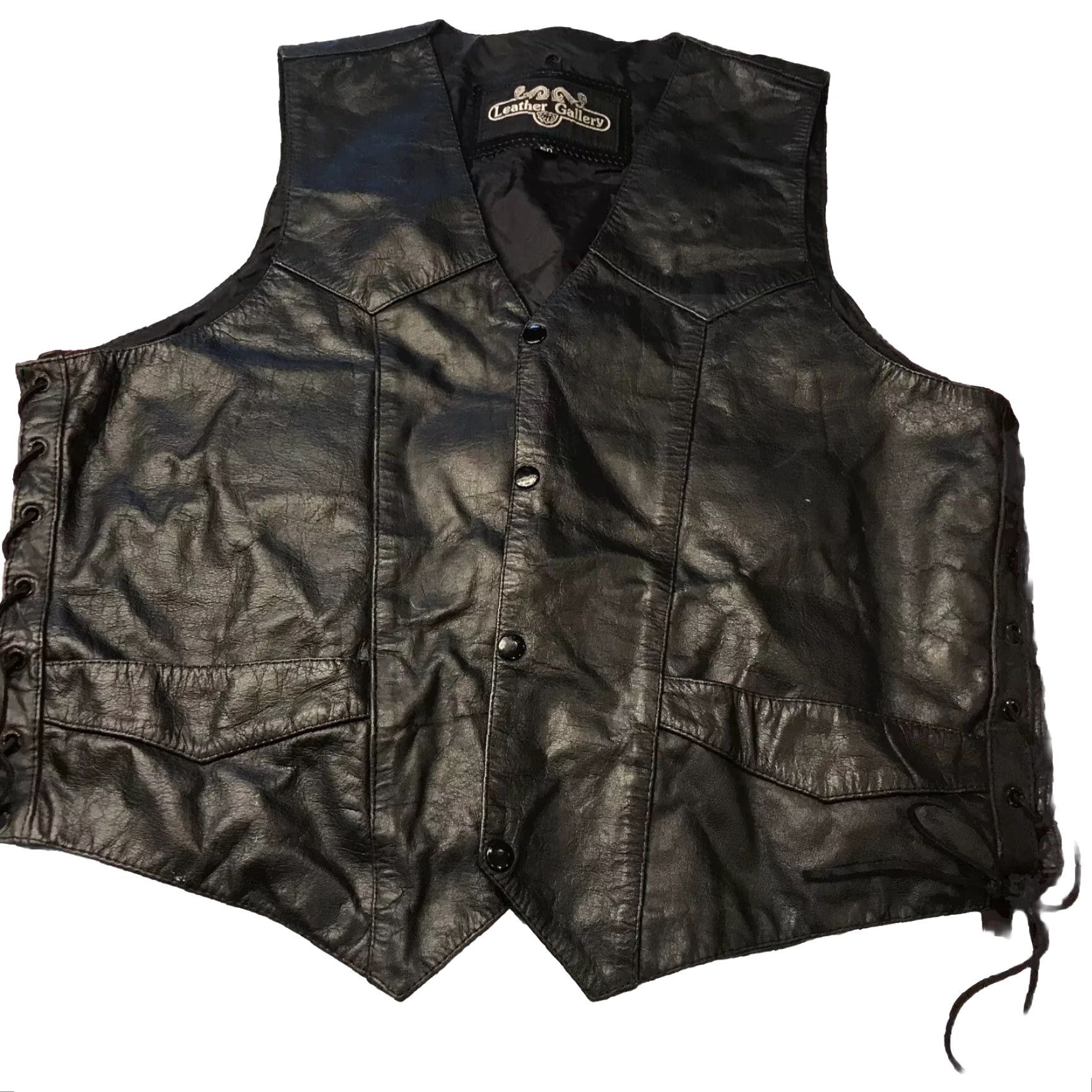 Harley Davidson Harley-Davidson BLACK Leather BIKER VEST 2XL Size 50 Snaps Lace Up Nylon Lined Mens Vest Side Lacing Pockets HD Patch Back Vintage Size US XXL / EU 58 / 5 - 3 Thumbnail