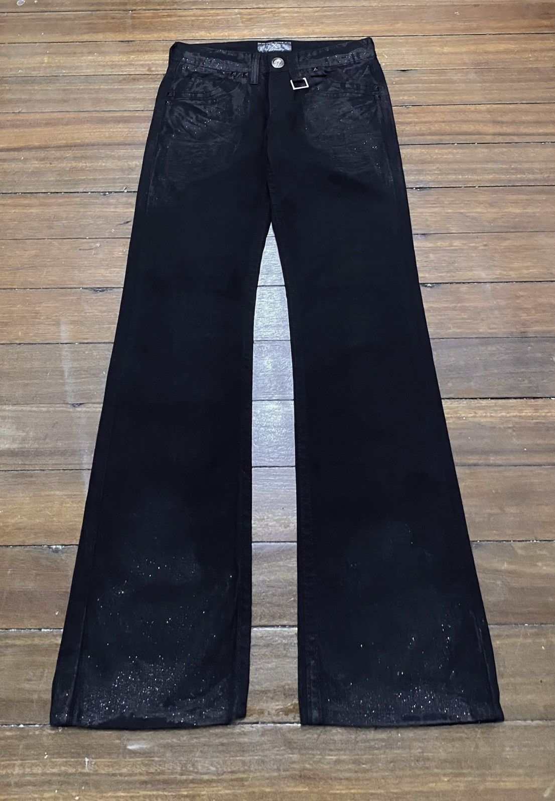 Le Grande Bleu (L.G.B.) Rare Vintage Japanese Brand X Frm Flared Waxed Jeans 1990s Size US 28 / EU 44 - 1 Thumbnail