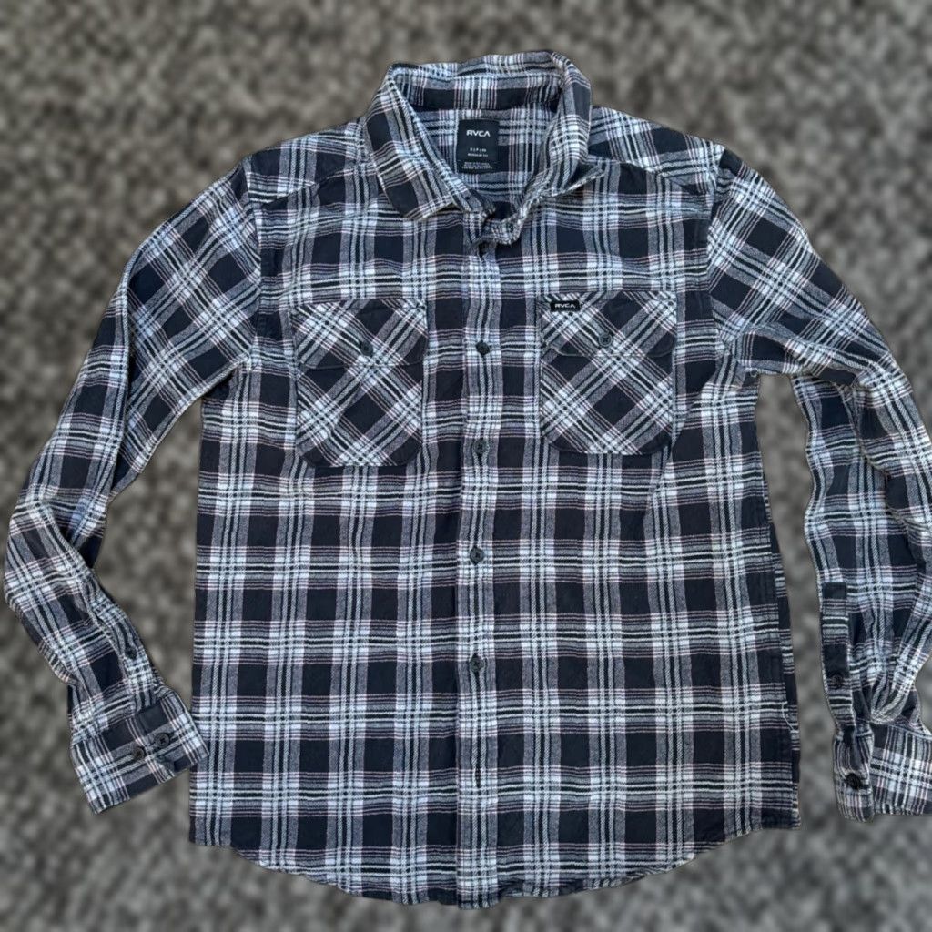 RVCA RVCA Shirt Mens Small S Flannel Plaid Gray Pink Surf Button Up Cotton Size US S / EU 44-46 / 1 - 1 Thumbnail