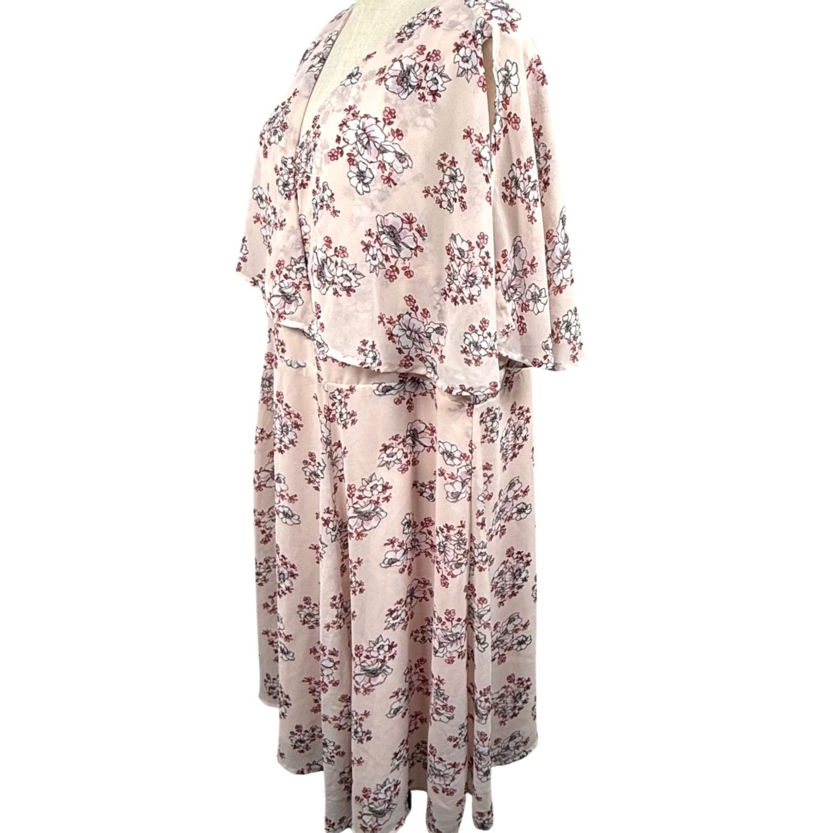 Torrid Torrid Pink Floral Dress 22 Capelet Overlay Chiffon Romantic Plus Size Midi Dress Flutter Sleeve V-Neck Zipper Womens Size 3XL / US 20-22 - 4 Thumbnail