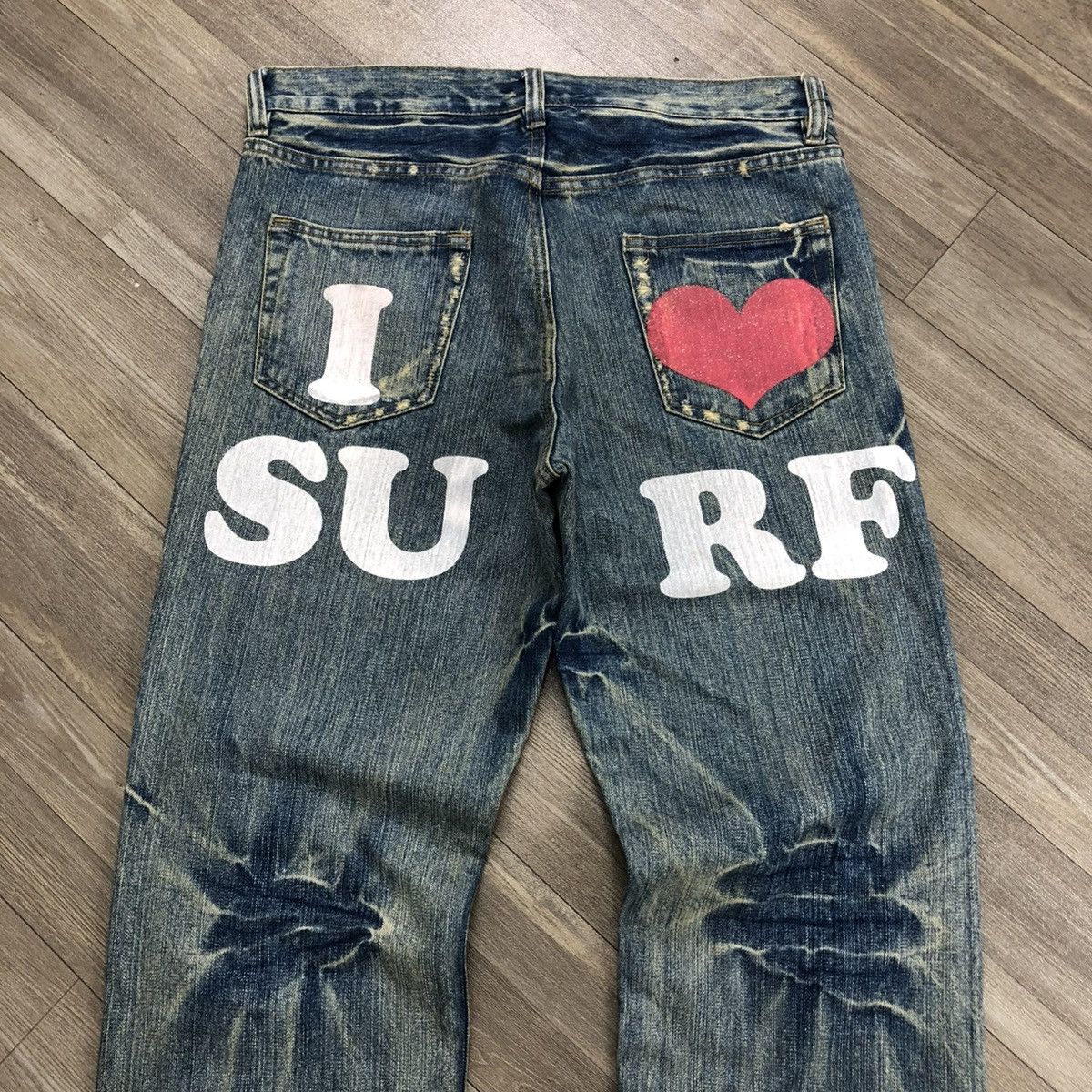 If Six Was Nine × Japanese Brand 2000s Crazy Distressed Point Loma I ❤️ Surf Baggy Jeans LGB Size US 31 - 19 Thumbnail