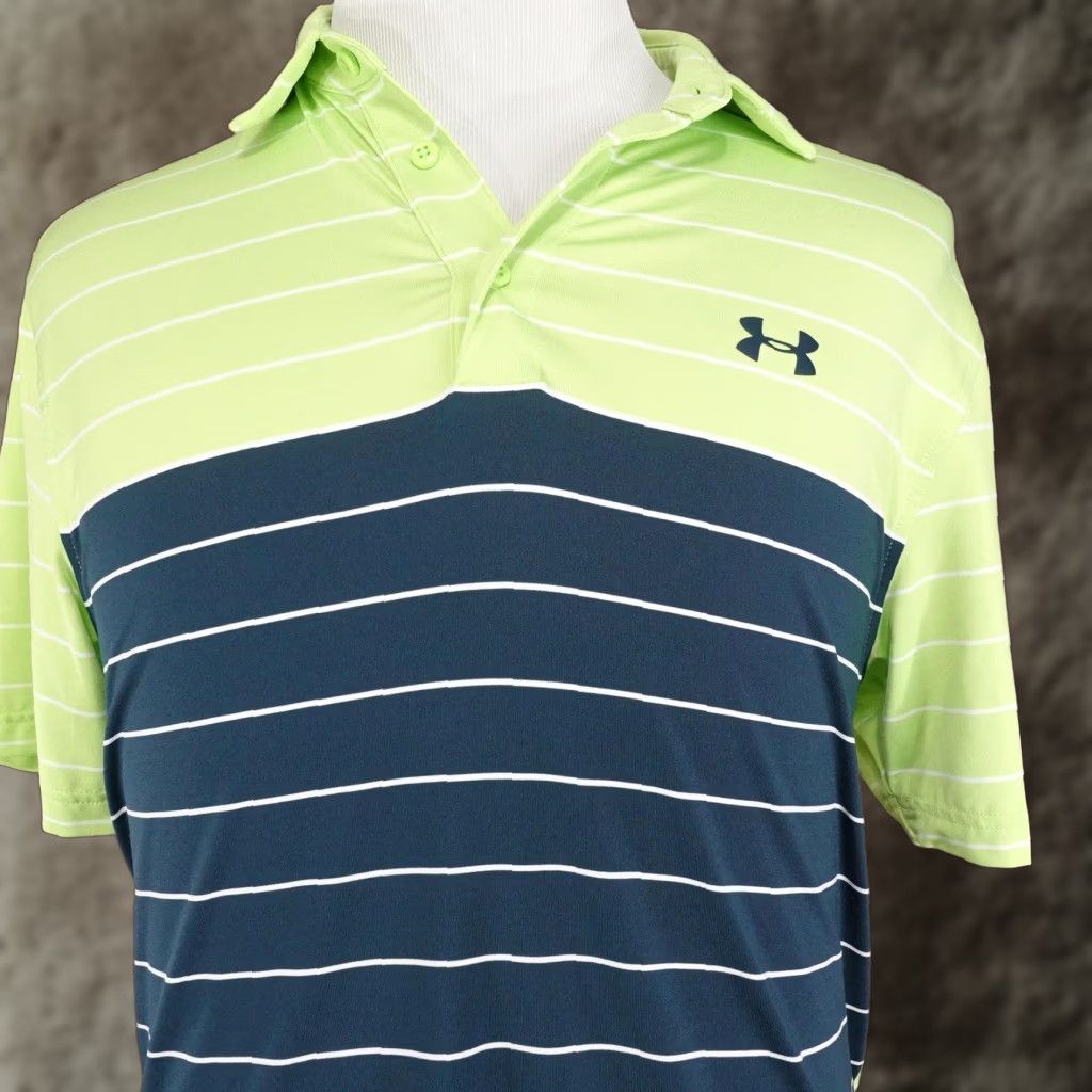 Under Armour Under Armour Polo Shirt Mens M Green Blue Striped HeatGear Golf Performance Short Sleeve Collared Moisture Wicking Lightweight Quick Dry Size US M / EU 48-50 / 2 - 1 Thumbnail