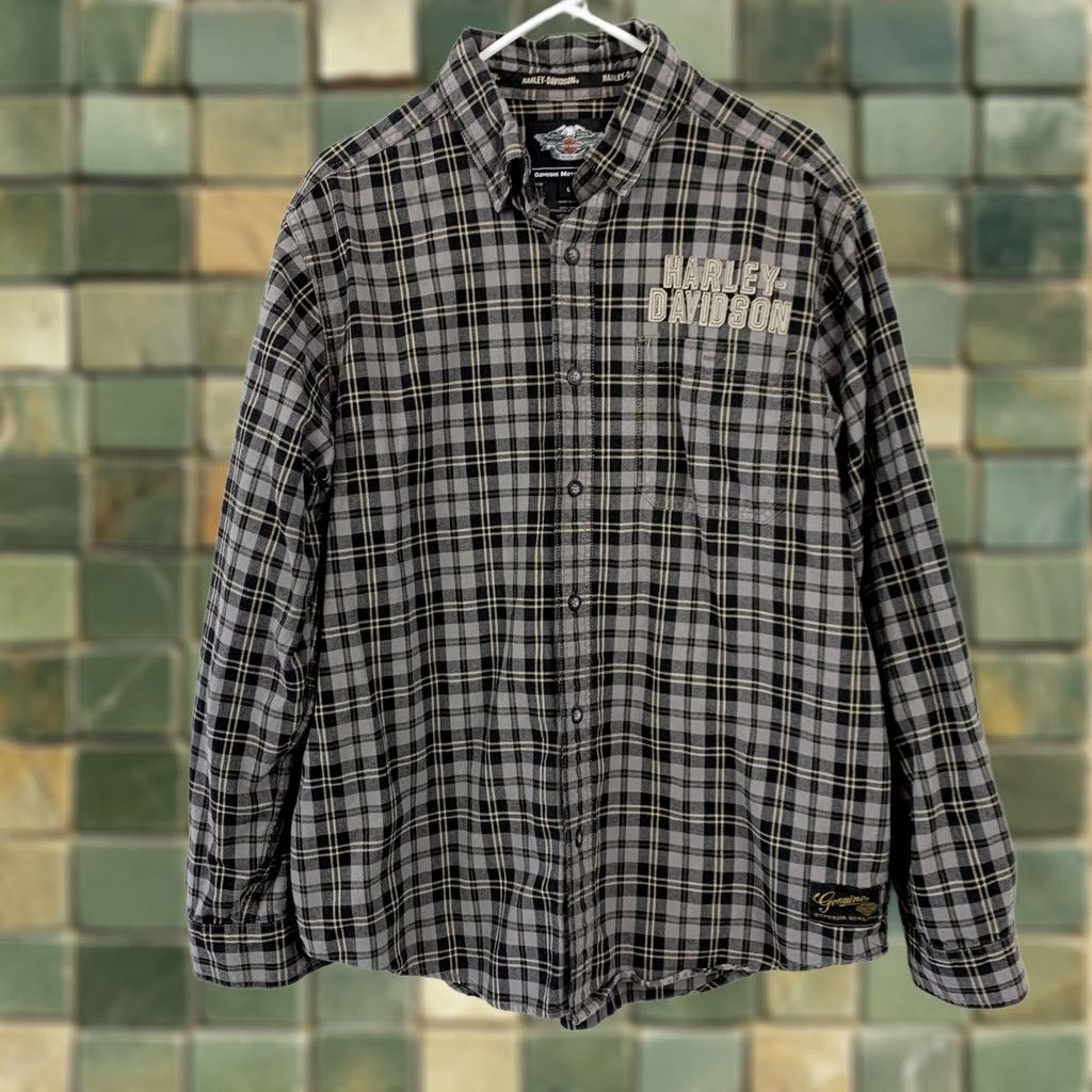 Harley Davidson Harley-Davidson Men's L Plaid Flannel Button Down Shirt Gray Black Felt Spellout Shirt Size US L / EU 52-54 / 3 - 1 Thumbnail