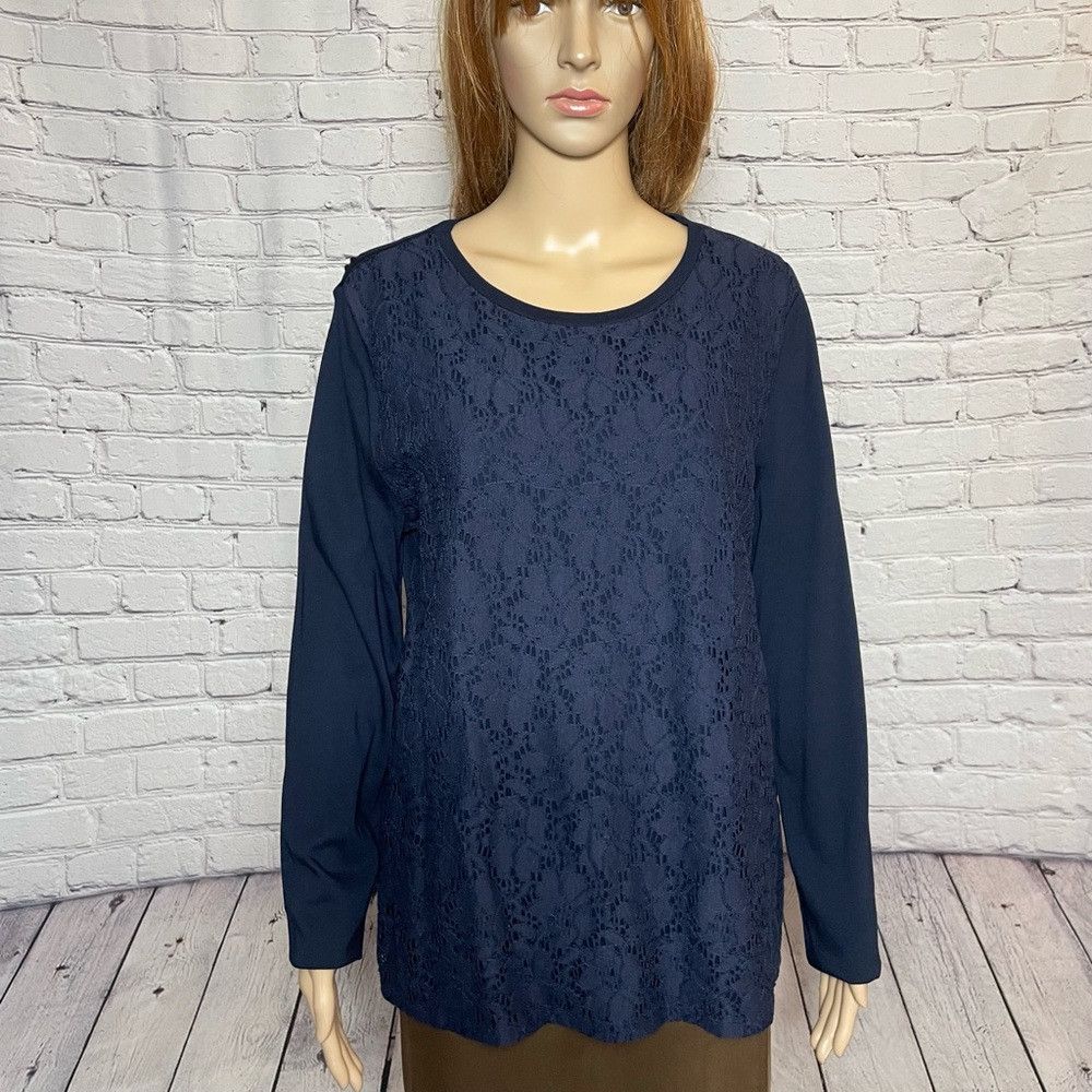 Talbots NWT New Talbots Navy Lace Front Long Sleeve Cotton Top Size Size XL / US 12-14 / IT 48-50 - 1 Thumbnail