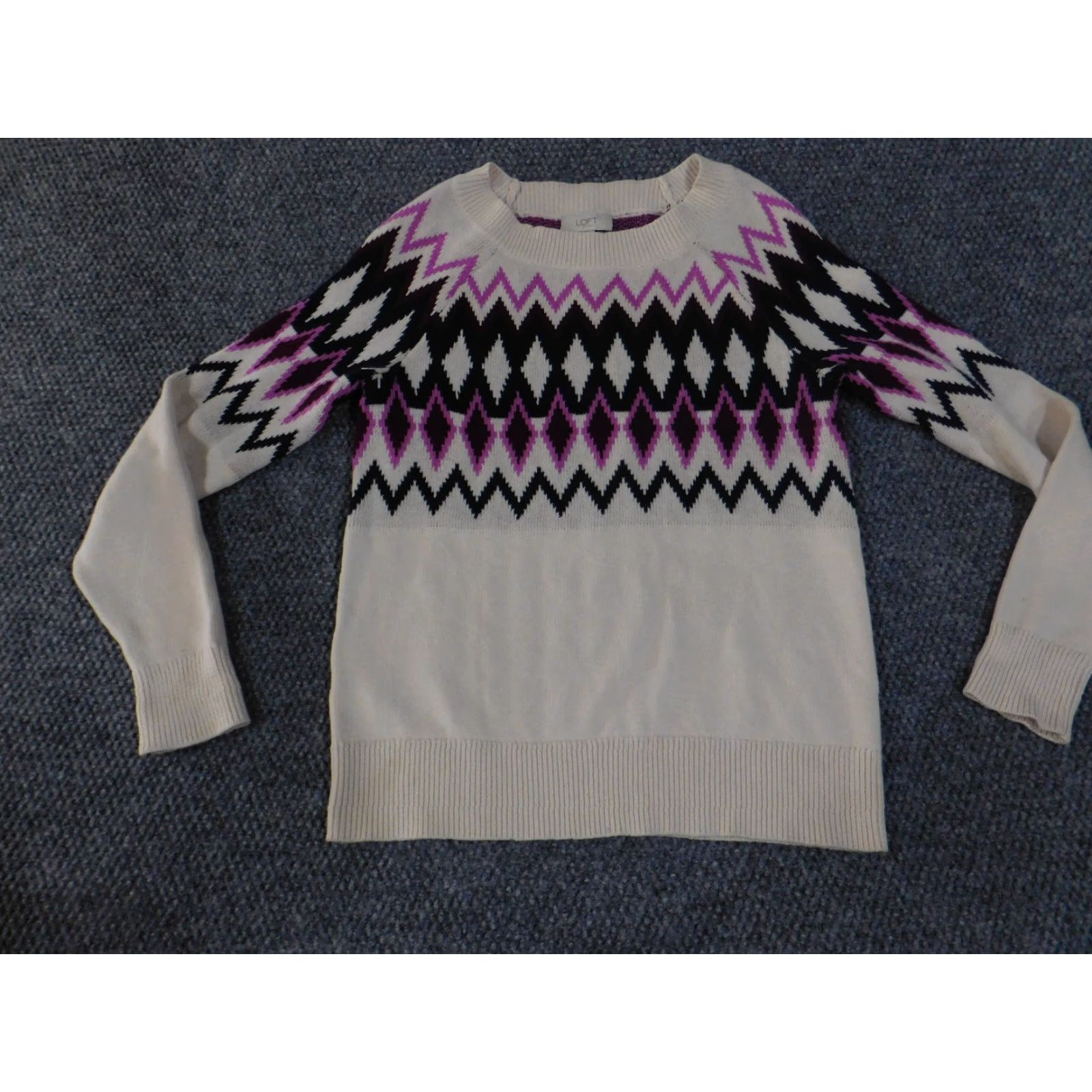 Loft LOFT Sweater Womens XS Cream Purple Black Geometric Knit Pullover Brushed Knit Crew Neck Pullover Casual Regular Size XS Womens Size XS / US 0-2 / IT 36-38 - 3 Thumbnail