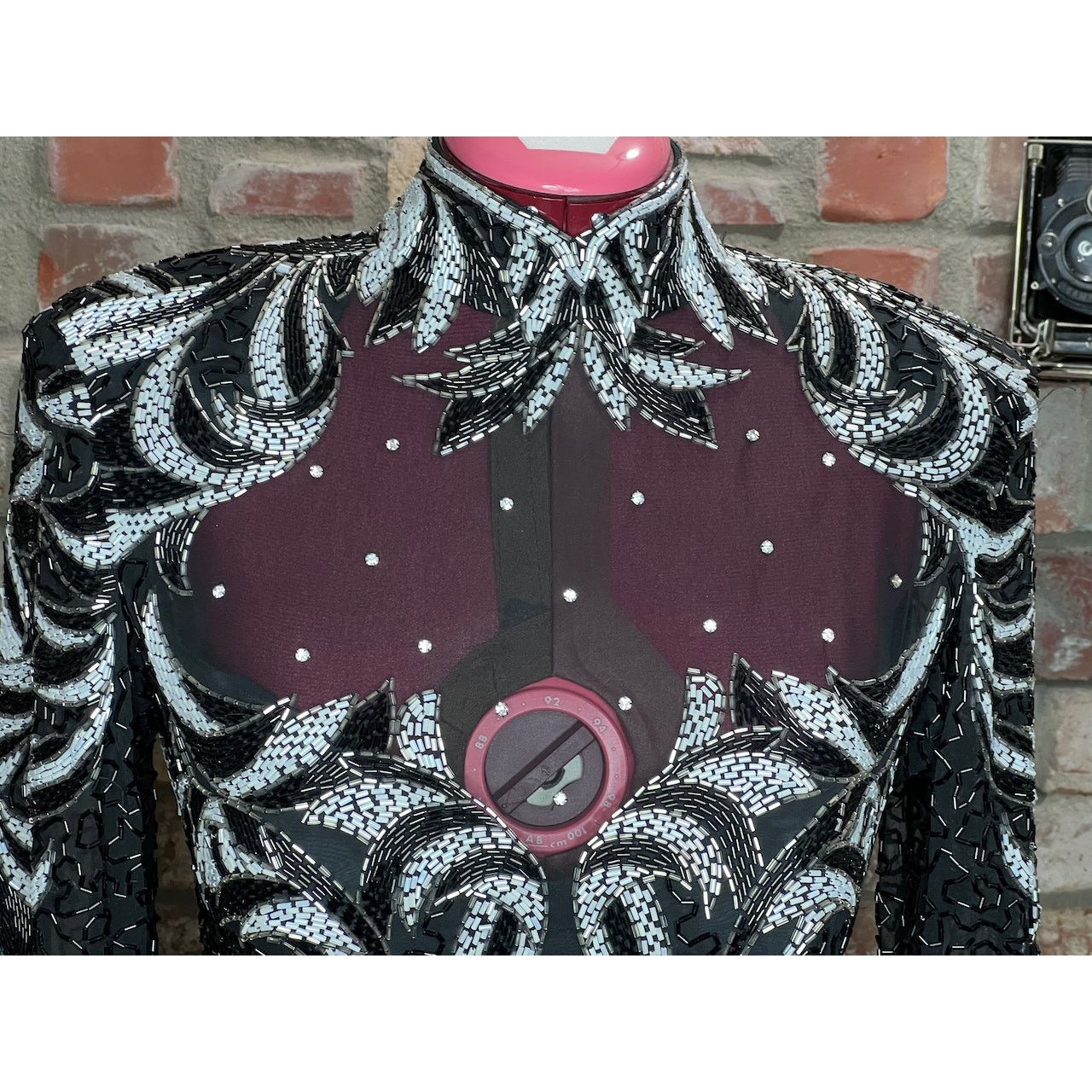 Vintage dress 100% silk beaded sheer bust high collar black white Size L / US 10 / IT 46 - 6 Thumbnail