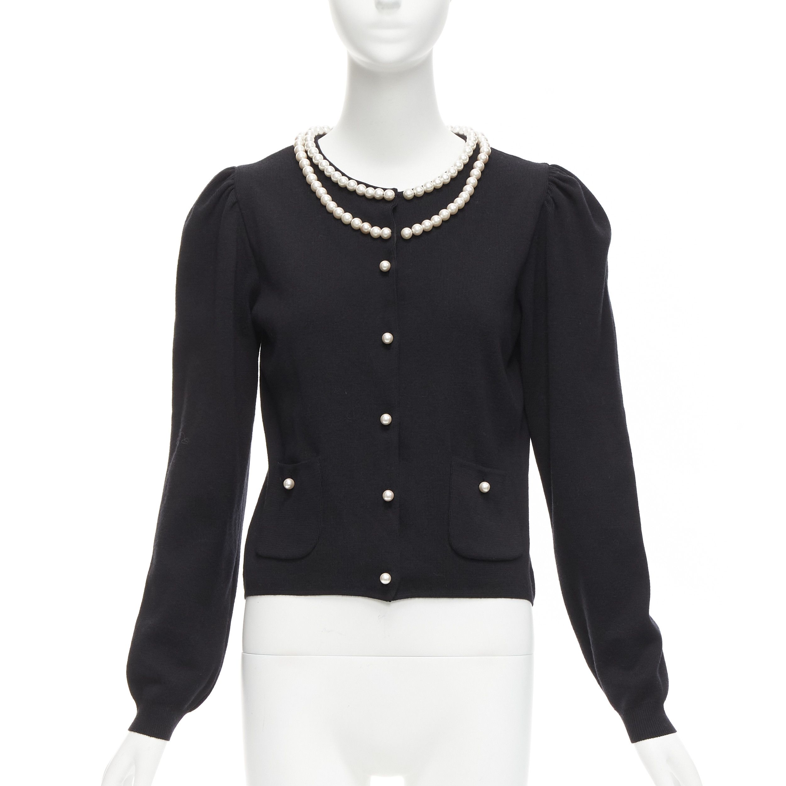 Moschino MOSCHINO pearl necklace collar black soft knit preppy cardigan IT40 S Size S / US 4 / IT 40 - 1 Thumbnail