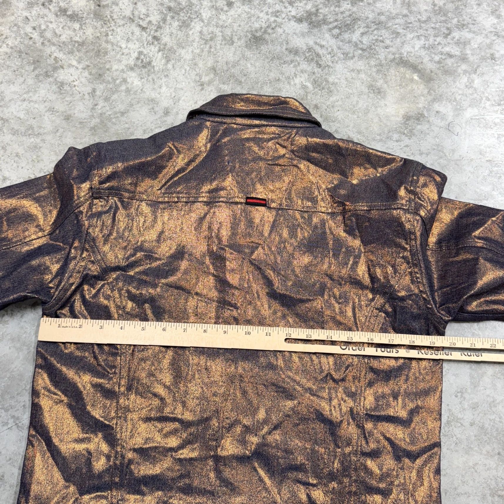 Fubu FUBU Jacket Womens L Gold Denim Trucker Collection Metallic Coated Cotton Button Pockets Collared Casual Fall Spring Women Size L Size L / US 10 / IT 46 - 6 Thumbnail