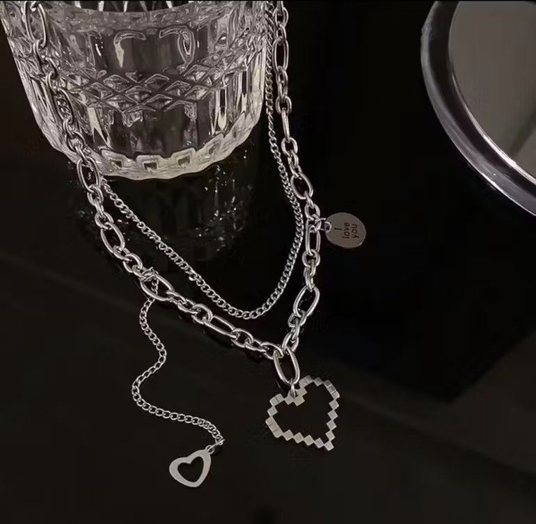 Japanese Brand Unisex double layer long chain pixel heart couples pendant Size ONE SIZE - 1 Thumbnail