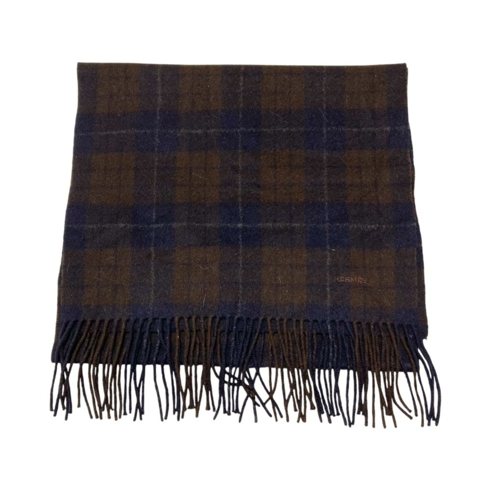 Hermes HERMES 100% Cashmere Check Scarf in Brown and Navy for Men Women Size ONE SIZE - 1 Thumbnail
