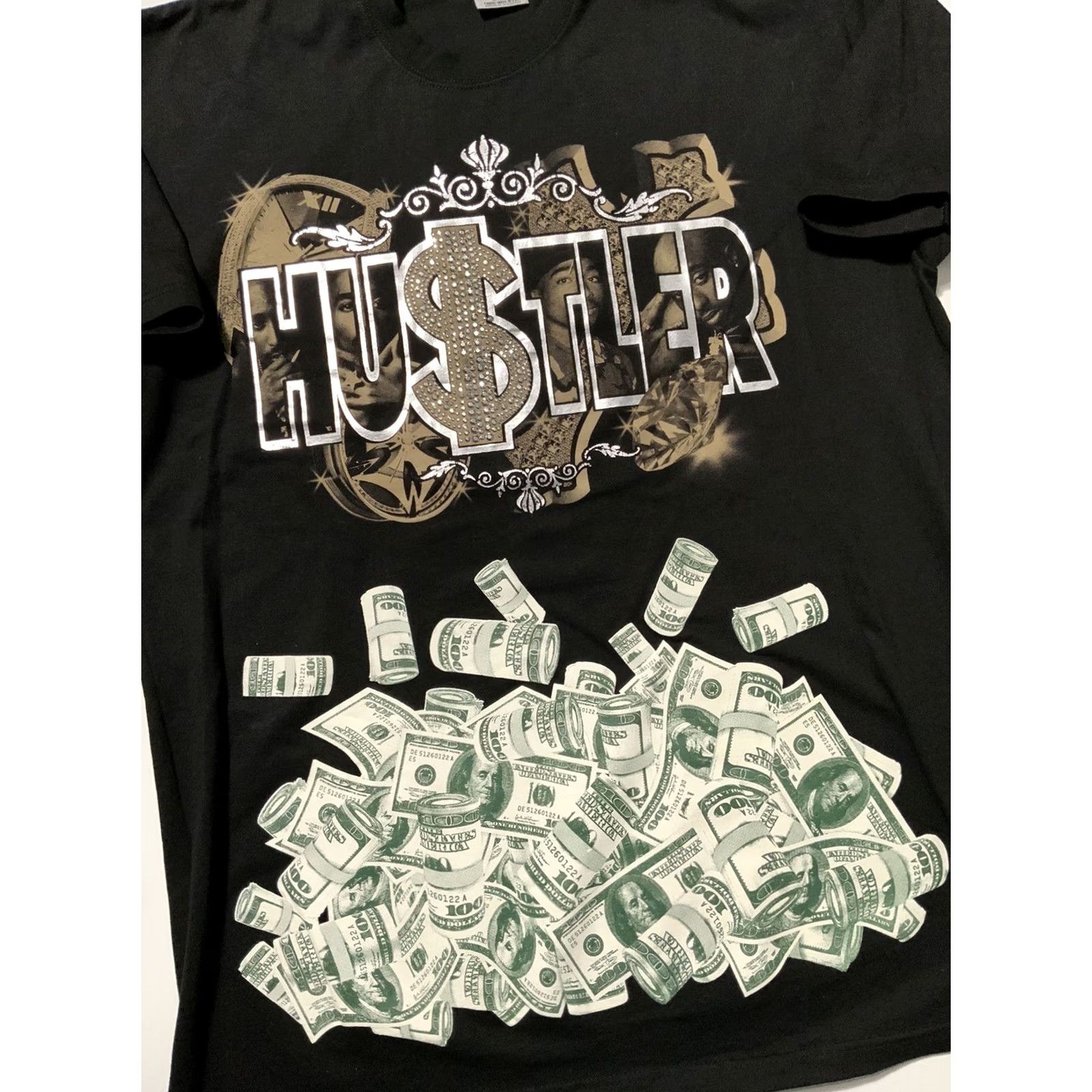 Vintage VINTAGE Hustler Tupac Studded Embellished Money Hip Hop Rap T-Shirt 2XLT Mens Black 90s 2000s Shirts Size US XXL / EU 58 / 5 - 3 Thumbnail