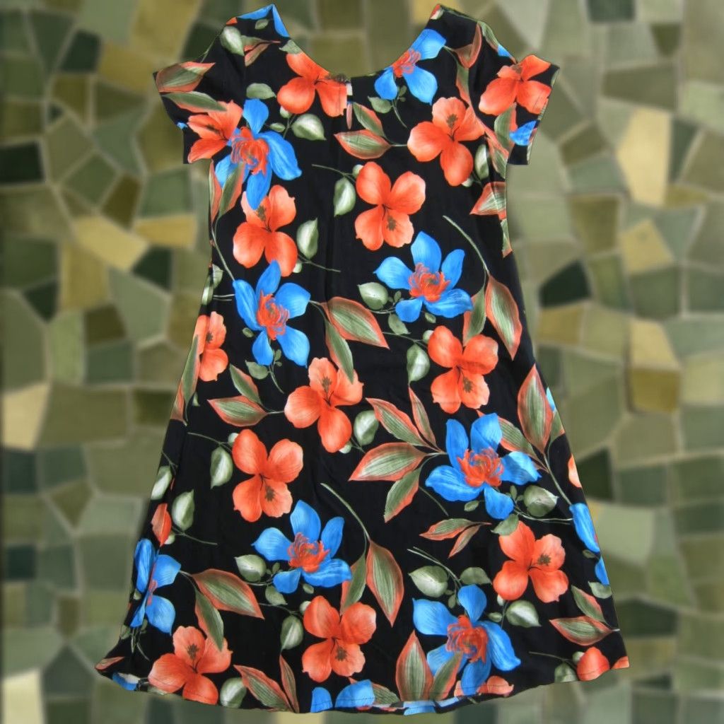 Vintage Hibiscus Collection Hawaii Rayon Black Orange Blue Short Sleeve Shift Dress M Size 32" / US 10 / IT 46 - 1 Thumbnail