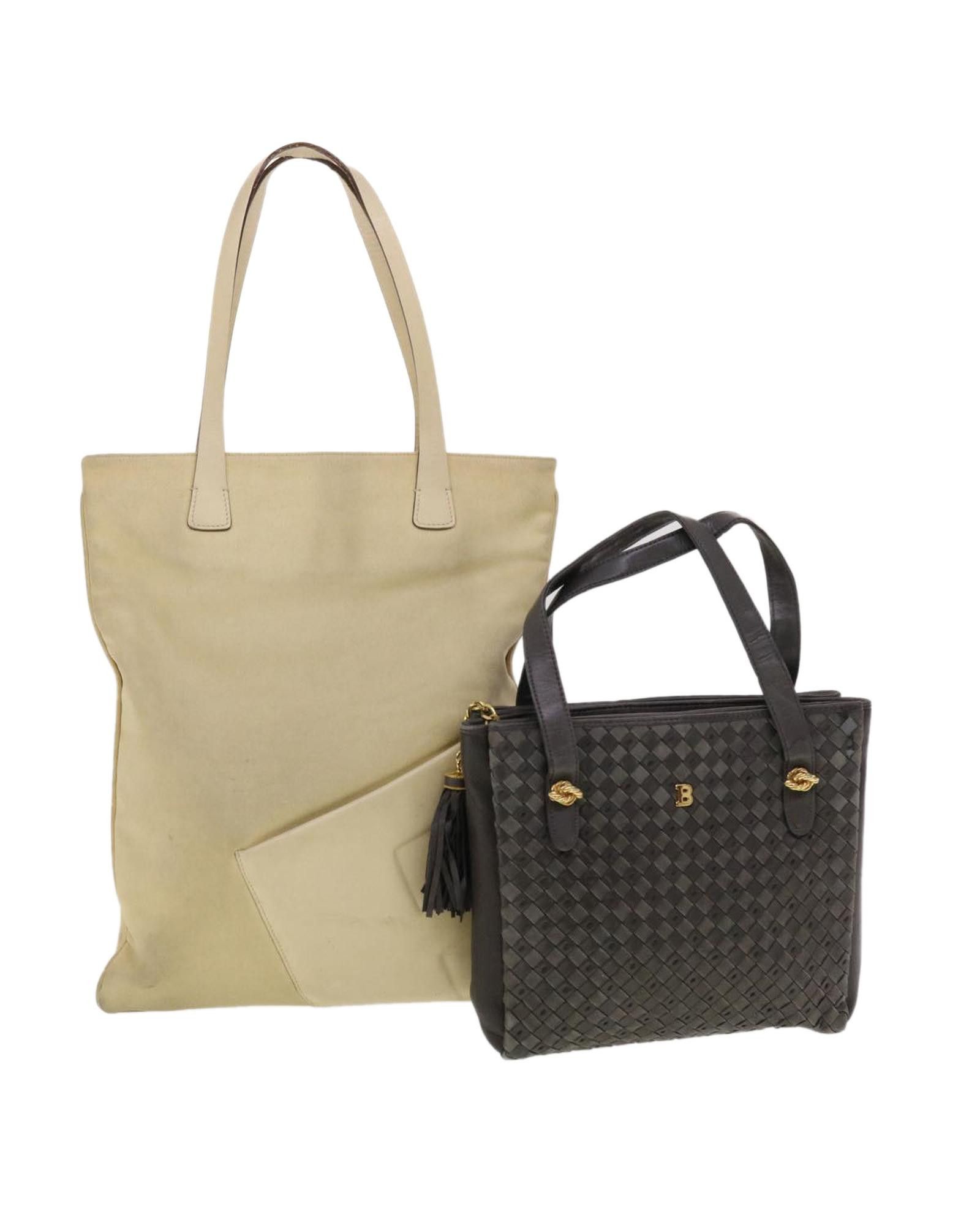 image of Beige Brown Leather Canvas Hand Bag By Bally, Women's
