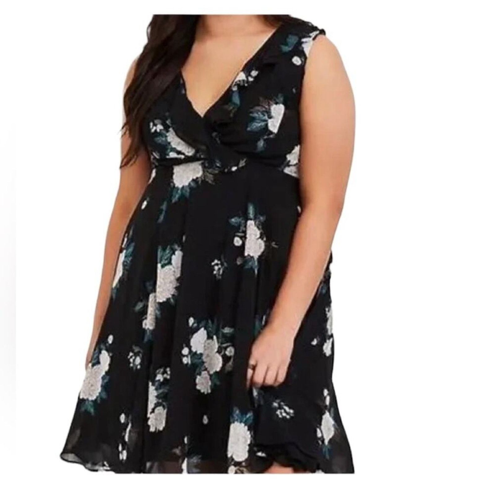 Torrid Torrid Black Floral Chiffon Sleeveless Skater Mini Dress Size XXL / US 16-18 / IT 52-54 - 1 Thumbnail