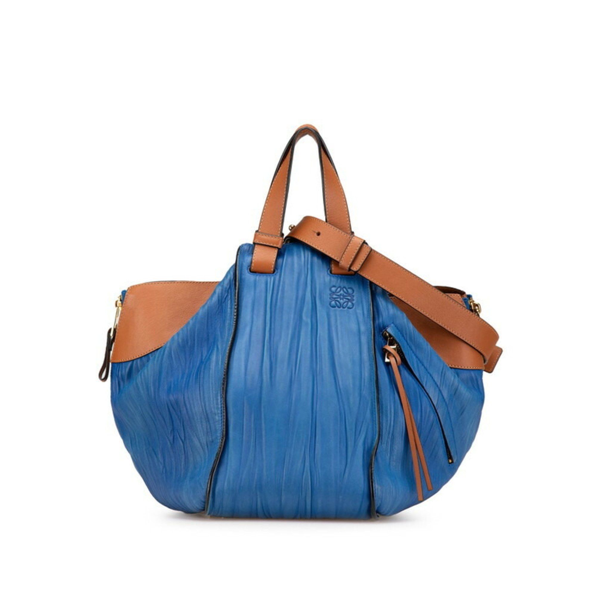 Loewe Anagram Hammock Medium Handbag Shoulder Bag Blue Brown Leather Women's