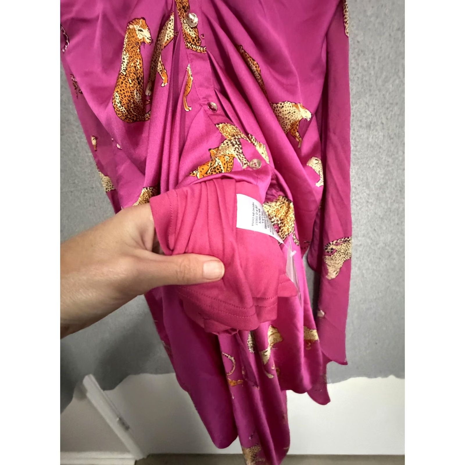 Pinko Entro Dress Womens L Pink Leopard Satin Ruched Button Front Maxi Shirt Collared Size L / US 10 / IT 46 - 7 Thumbnail