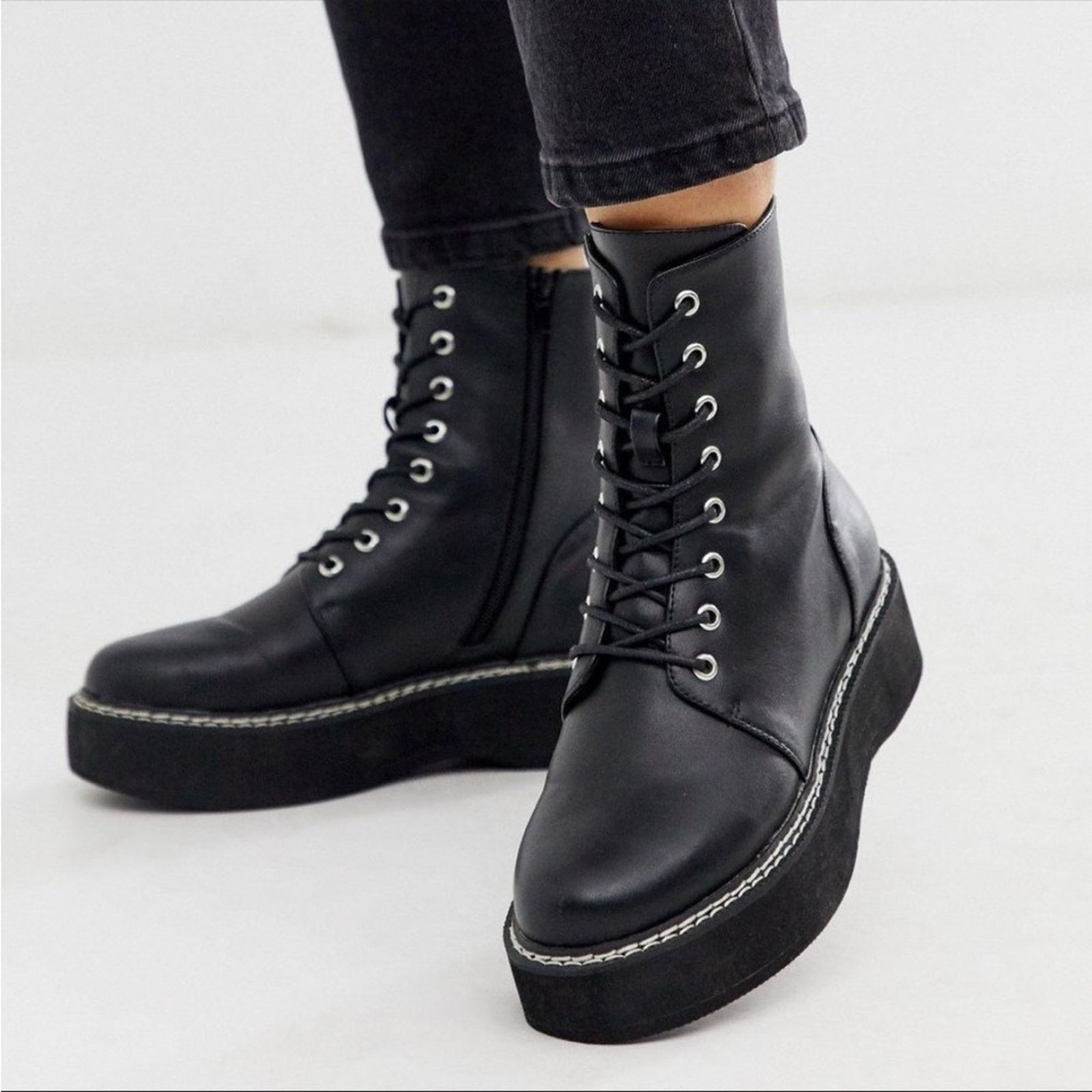 Asos ASOS Black Lug Platform Heel Lace Up Moto Combat Ankle Boots Size US 9 / IT 39 - 5 Thumbnail