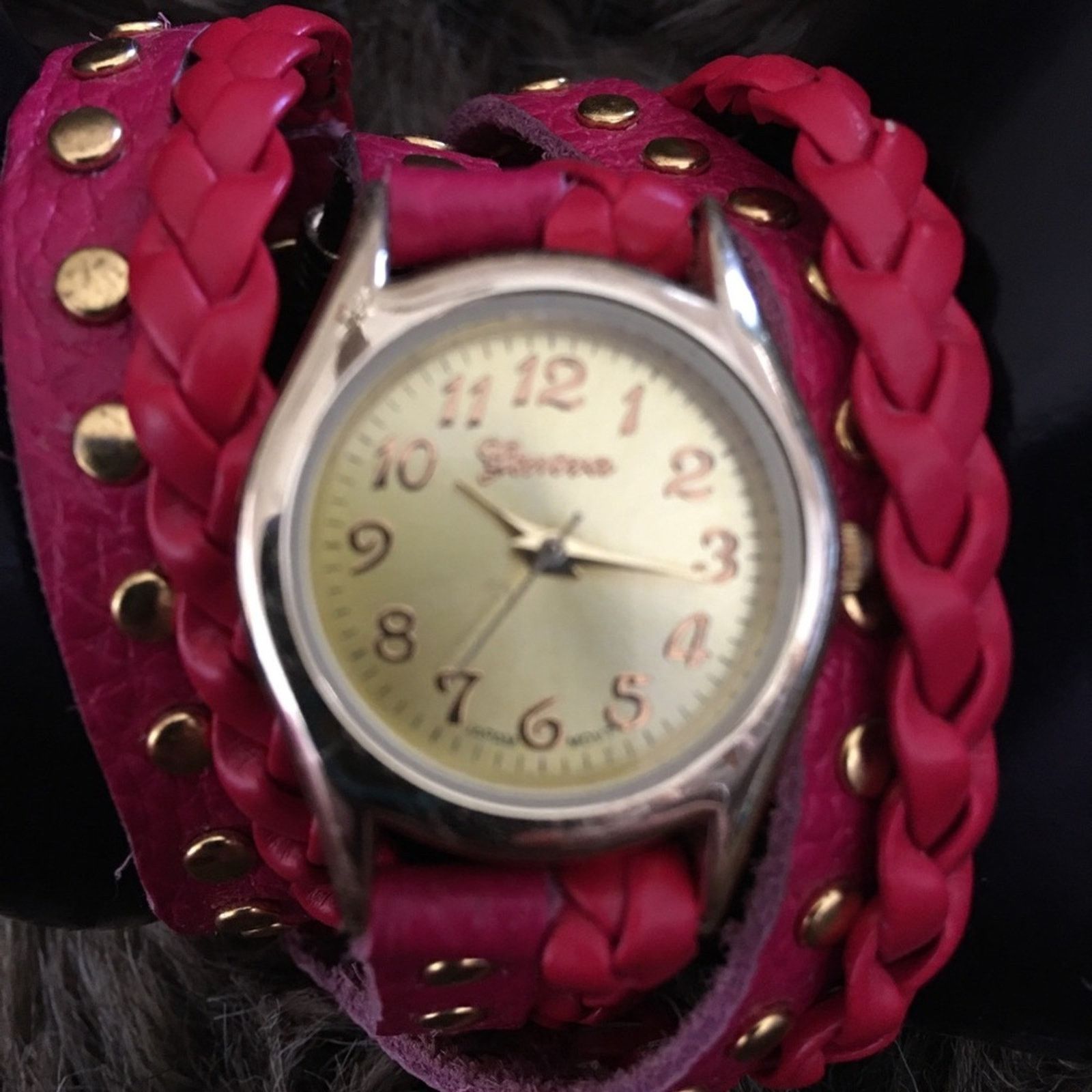 Geneva Red Braided Leather Wrap Bracelet Watch in Gold, Women's