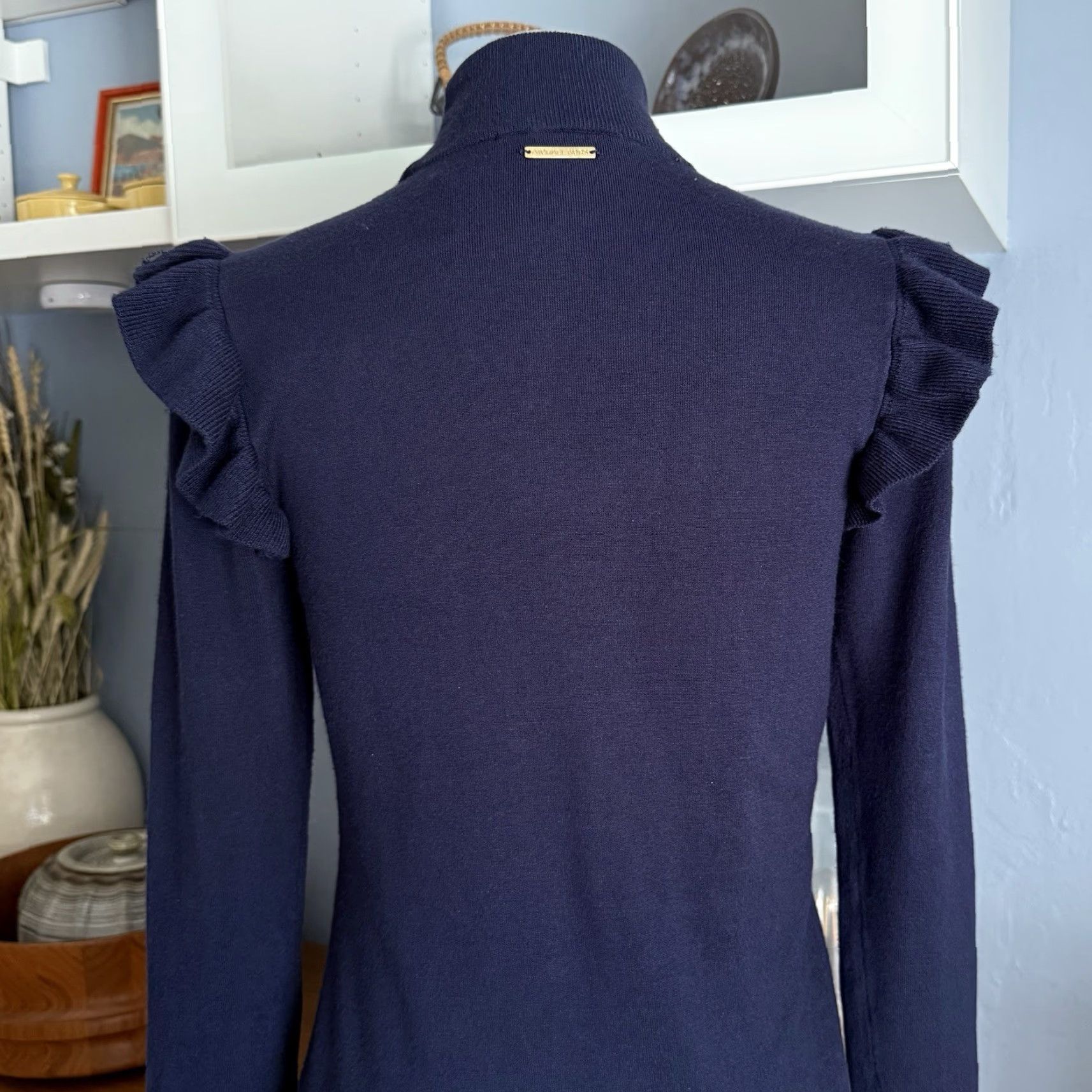 Michael Kors Michael Kors Navy Blue Ruffle Shoulder Sheath Viscose Blend Knit Dress Size S Size S / US 4 / IT 40 - 6 Thumbnail