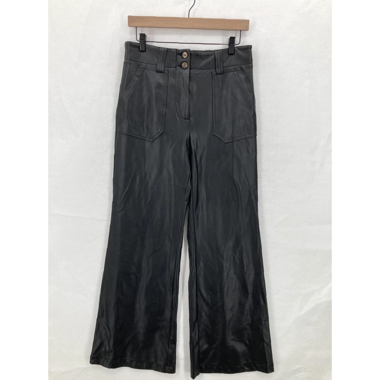 Vintage Maeve Anthropologie Pants Womens 6 Black Faux Leather High Rise Wide Leg Moto Size 28" / US 6 / IT 42 - 2 Thumbnail