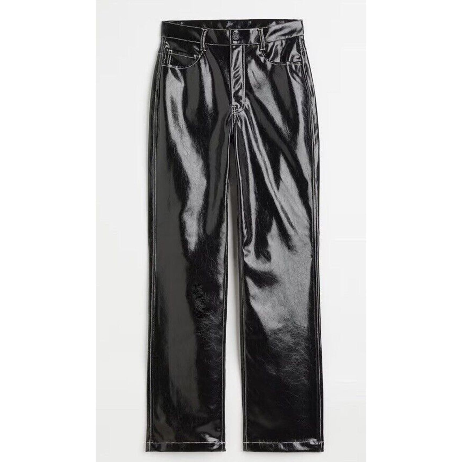 H&M Womens H&M Faux Leather Straight Pants Black W/ White Seams Size 28" / US 6 / IT 42 - 2 Thumbnail