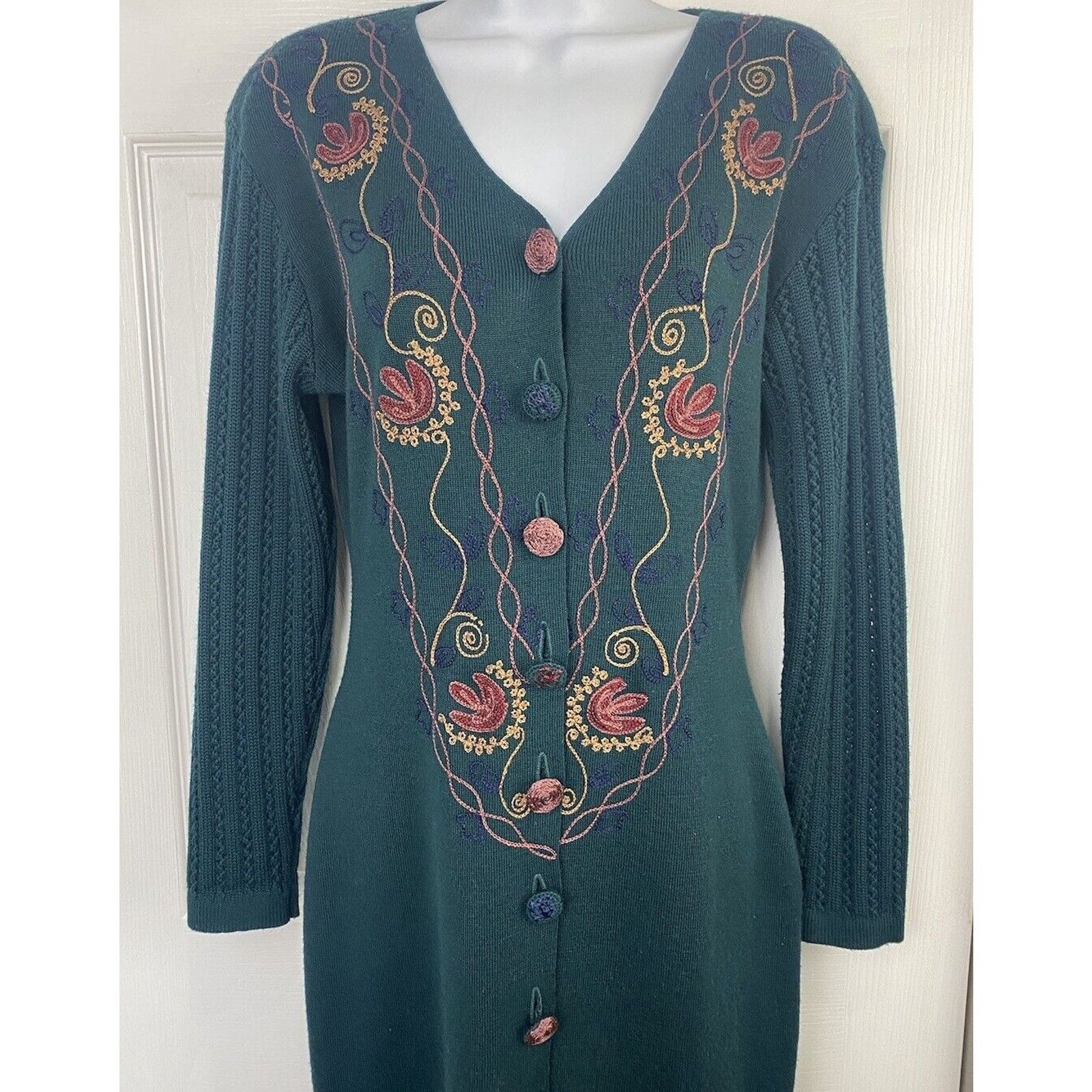 Other VTG Carole Little Floral Embroidered Wool Sweater Long Dress Size S / US 4 / IT 40 - 2 Thumbnail