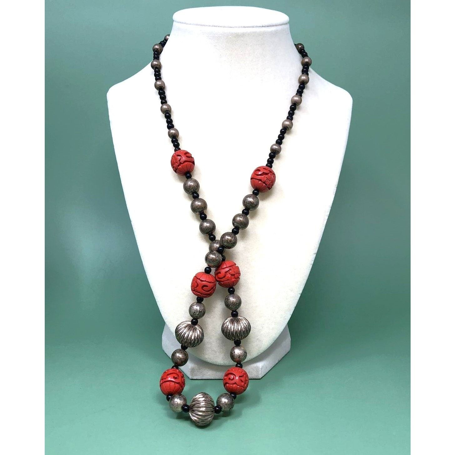 Vintage Asian Sterling Silver Carved Cinnabar Onyx Beaded Necklace Size ONE SIZE - 7 Thumbnail