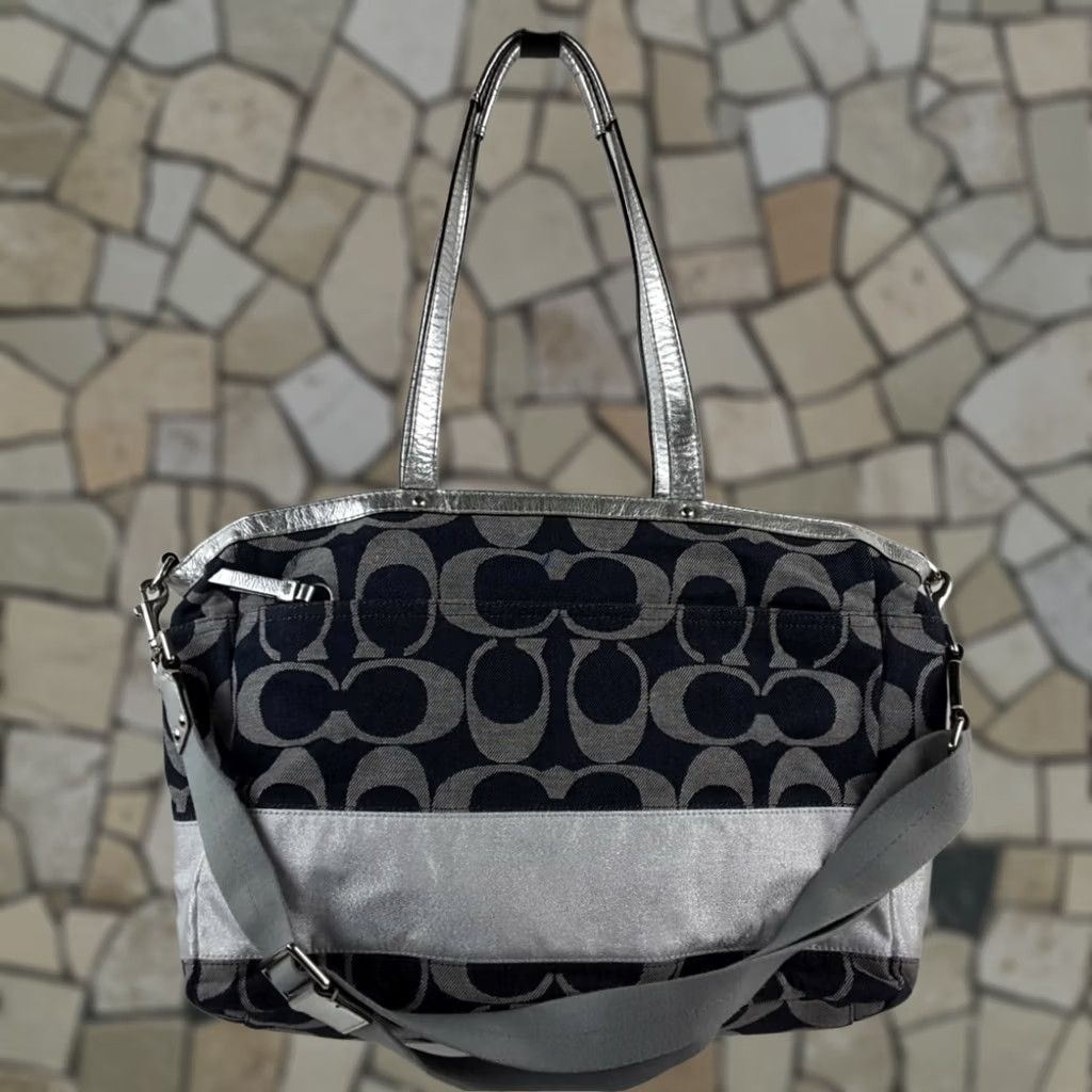 Coach Coach Signature Stripe Denim Tote - XL - Women - 18” Top 15” Bottom - Zip - Pockets - Lined - Jacquard - Silver Hardware - Denim Blue/Silver - Casual Size ONE SIZE - 1 Thumbnail