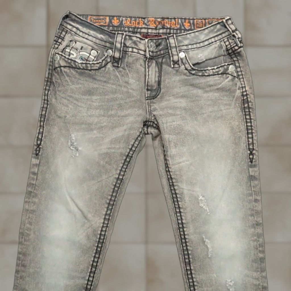 Vintage Rock Revival Jeans Womens Slim Tapered 5-Pocket Denim Gray Brown Tannin Embroidered 26x29 28 Inseam Size 26" / US 2 / IT 38 - 1 Thumbnail