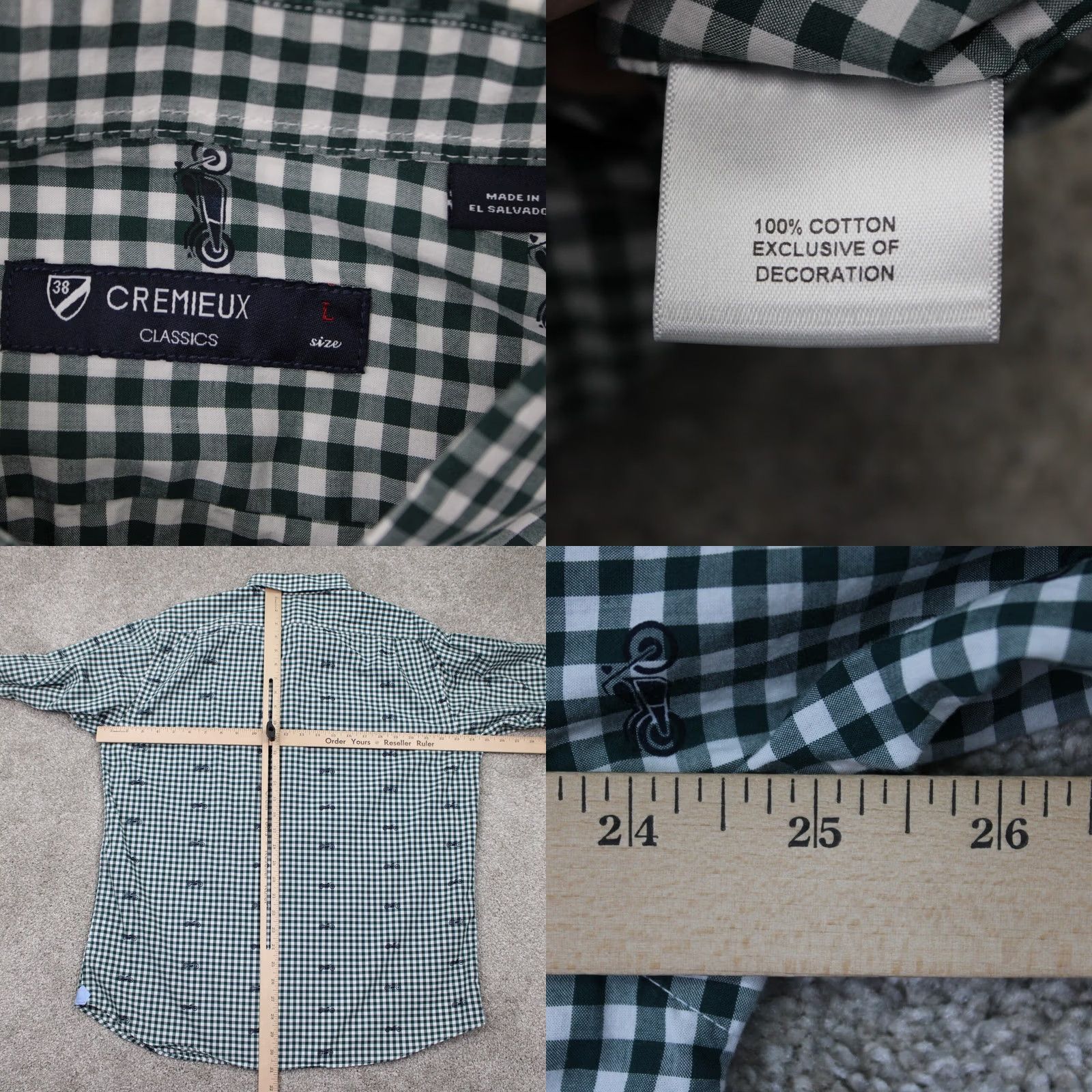Cremieux Cremieux Classics Shirt Mens Large Green Ginham Motorcycle Print L/S Cotton Size US L / EU 52-54 / 3 - 8 Thumbnail