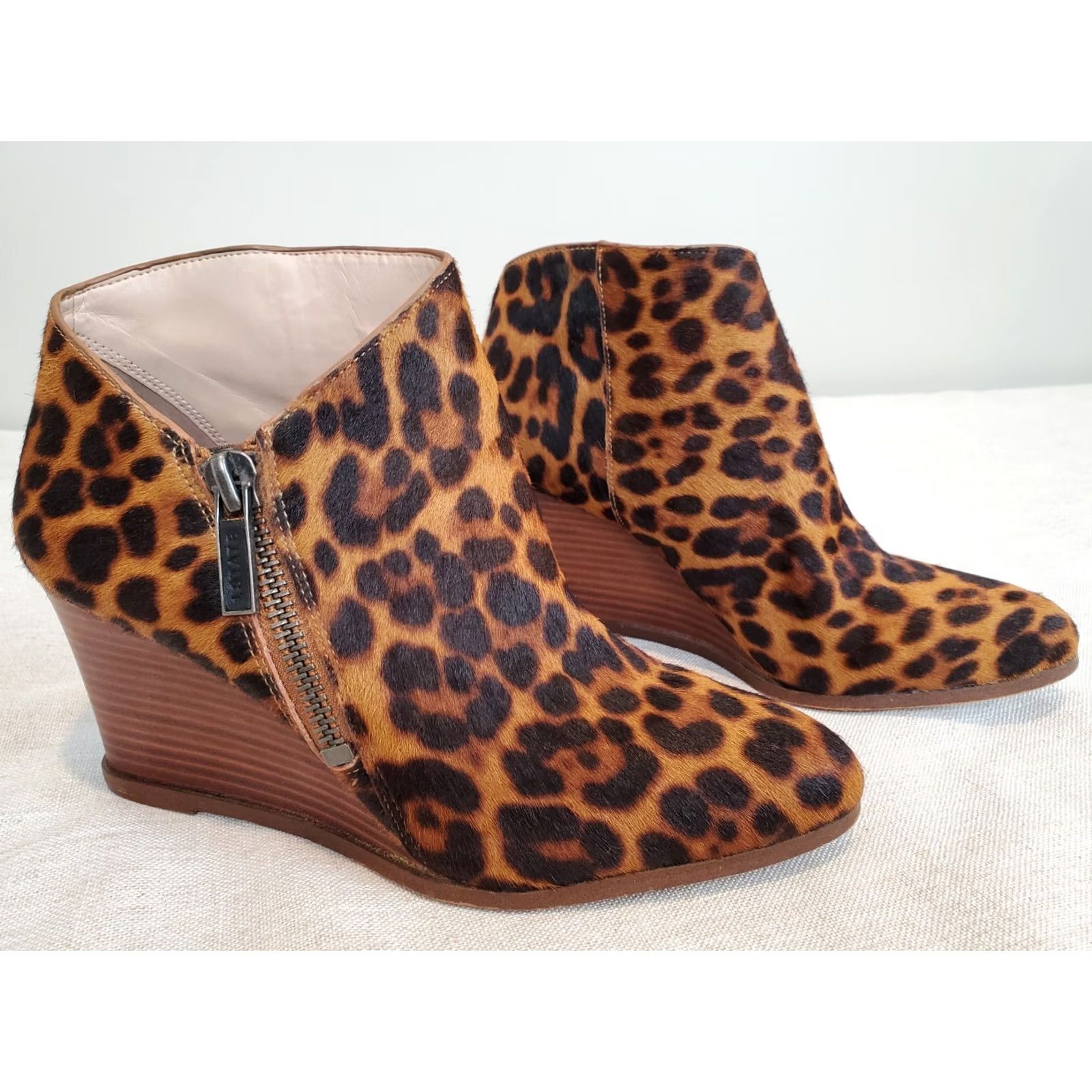 Vintage 1.State Kaleb Leopard Cow Hair Ankle Boots Wedges Women's Size US 9.5 M Brown Leather/Man Made Zip Pointed Toe Formal Shoes Size US 10 / IT 40 - 2 Thumbnail