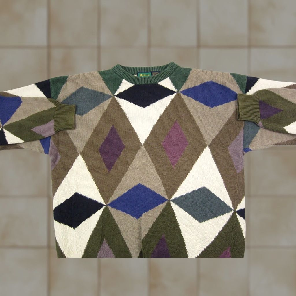 Vintage VINTAGE Byford Sweater Mens XL Brown Diamonds 90s Pullover Knit Crew Neck Made for Casual Winter Fall Spring Mens Size US XL / EU 56 / 4 - 1 Thumbnail