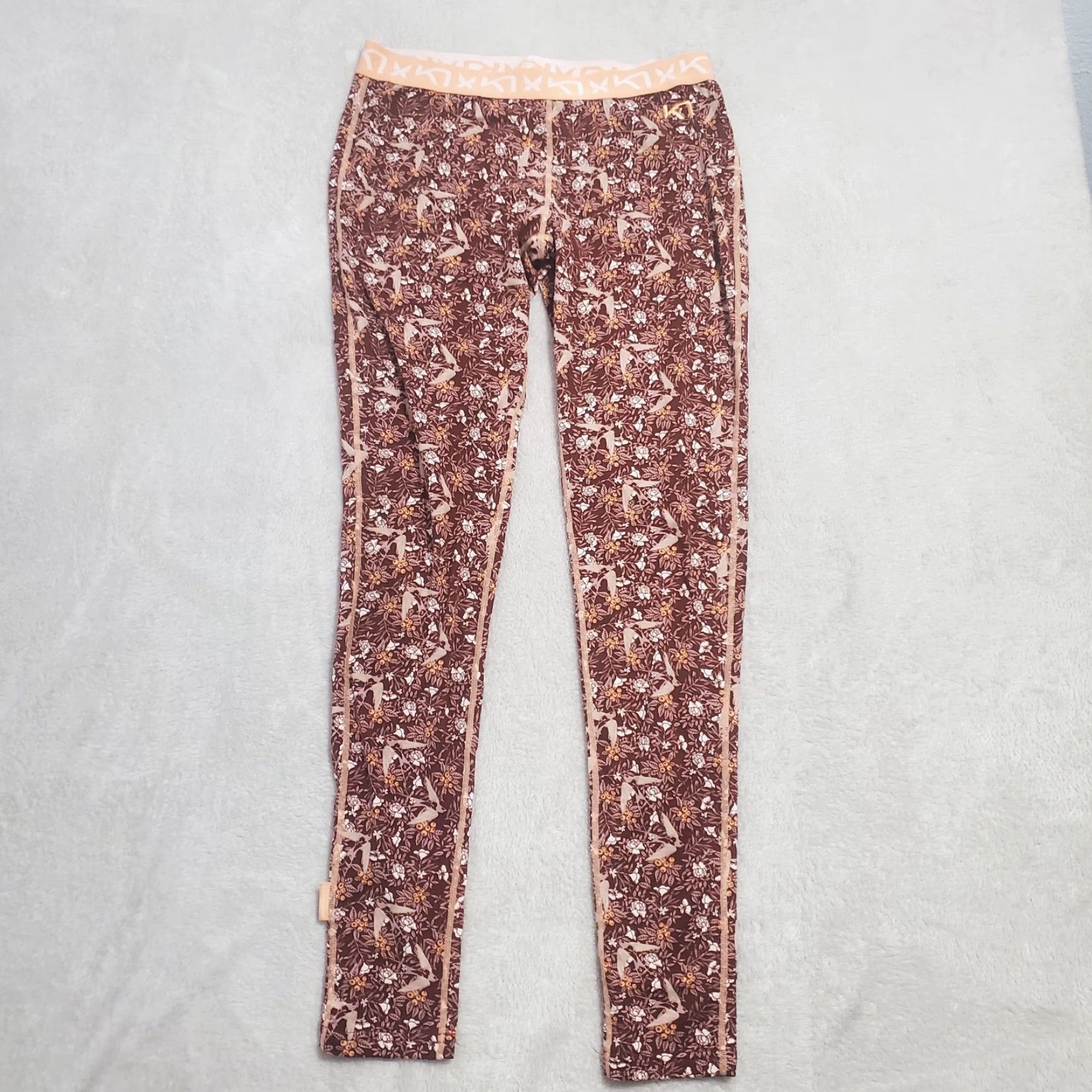 Vintage Kari Traa Base Layer FRYD Pant Women M Burgundy Peach Bird Floral Print Leggings Size 32" / US 10 / IT 46 - 2 Thumbnail