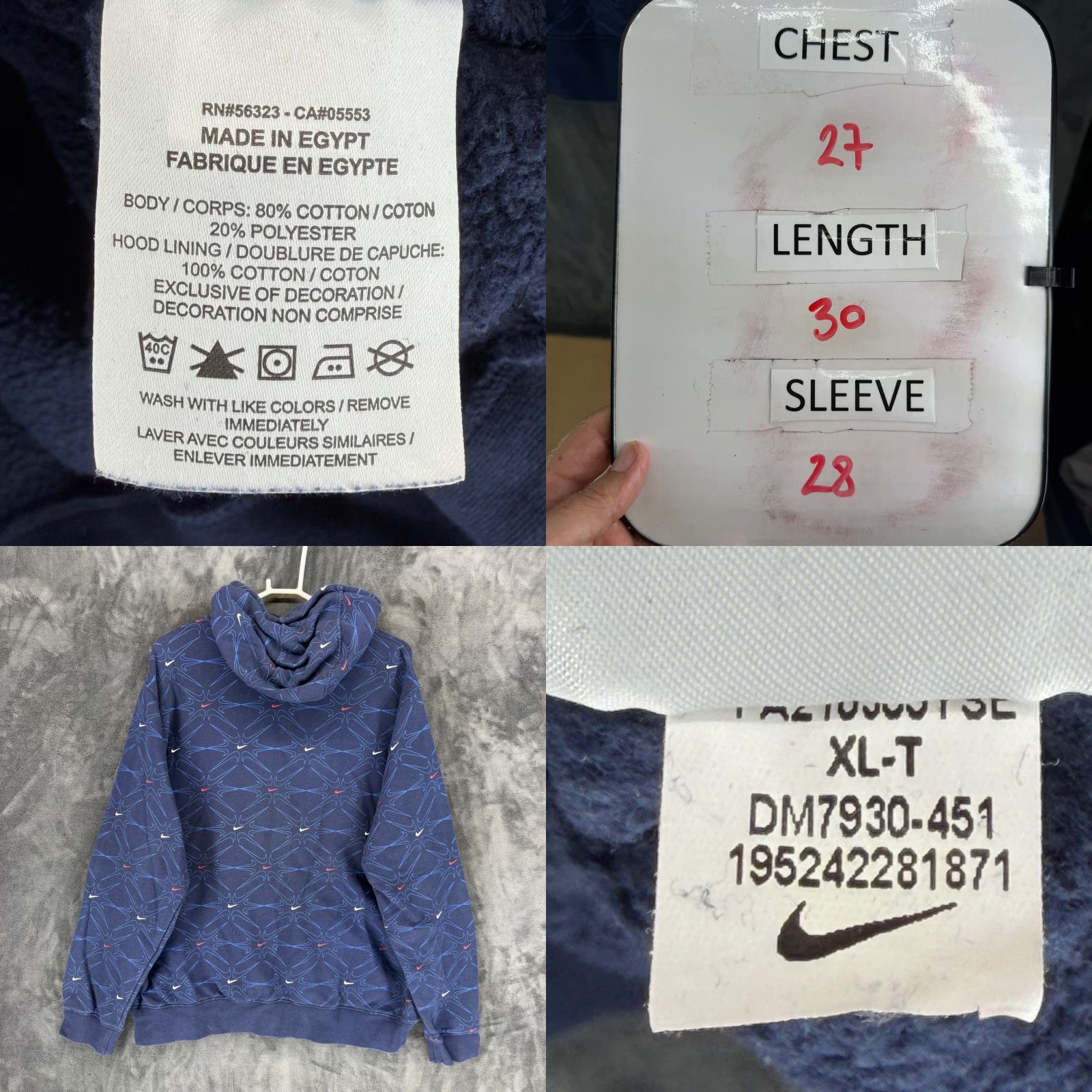 Nike Nike Mens XL Tall Navy Blue All Over Print Swoosh Fleece Hoodie DM7930-451 Size US XL / EU 56 / 4 - 8 Thumbnail