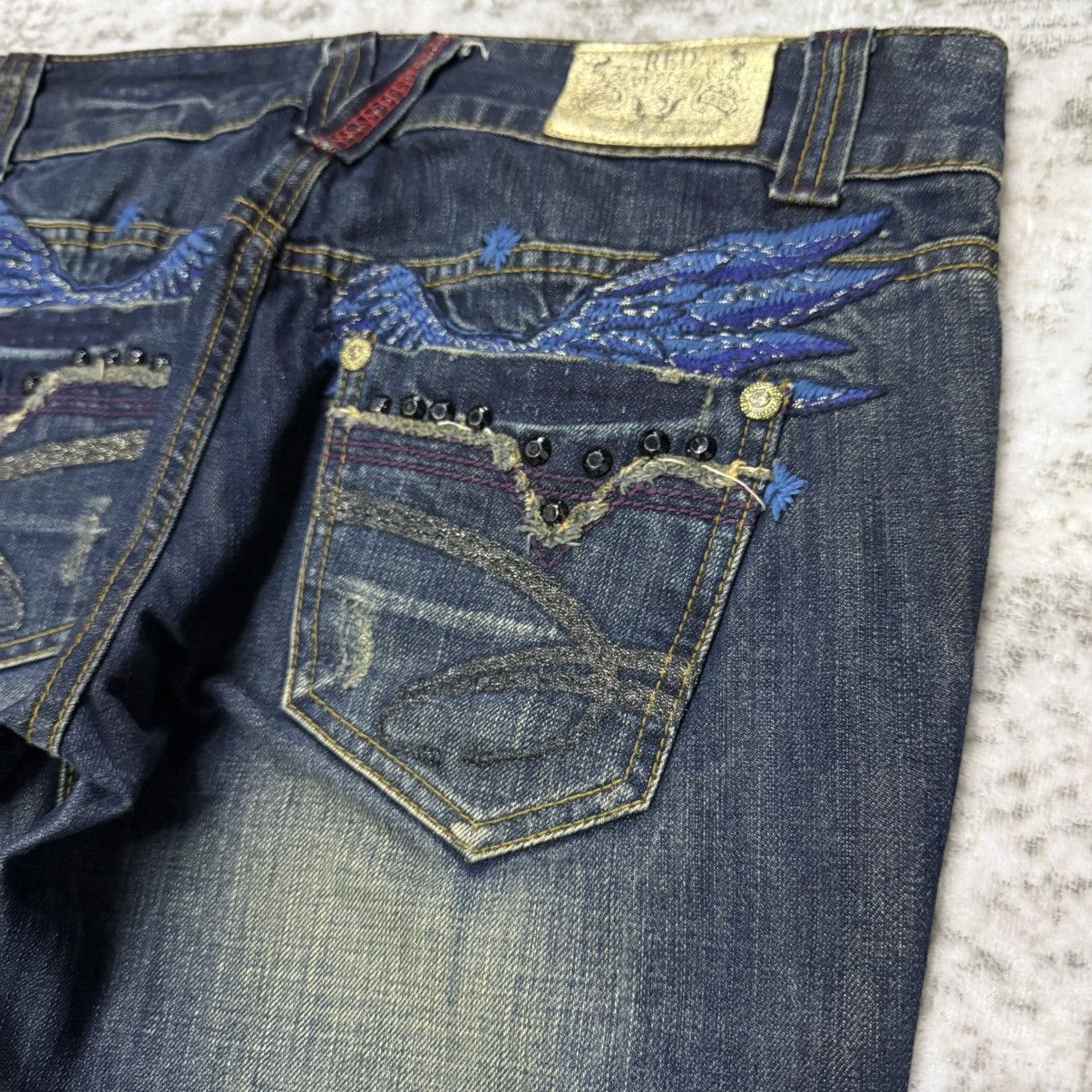 Japanese Brand Y2k Red Pepper Japan Embroidery Wings Wide Leg Flare Jeans Size US 30 / EU 46 - 5 Thumbnail