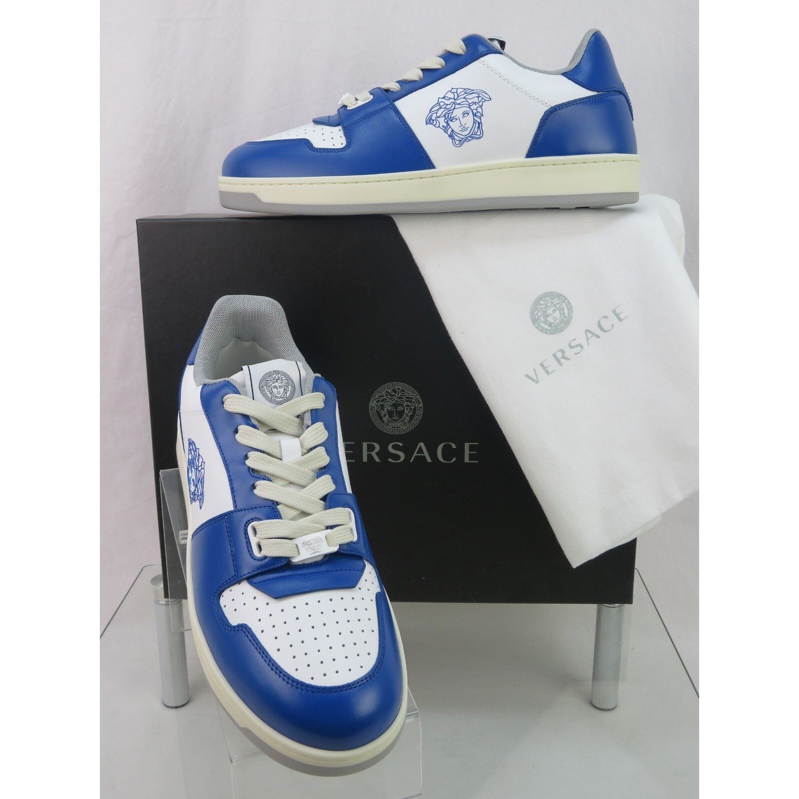 VERSACE BLUE WHITE LEATHER MEDUSA HEAD LOW SNEAKERS 11 44 IT