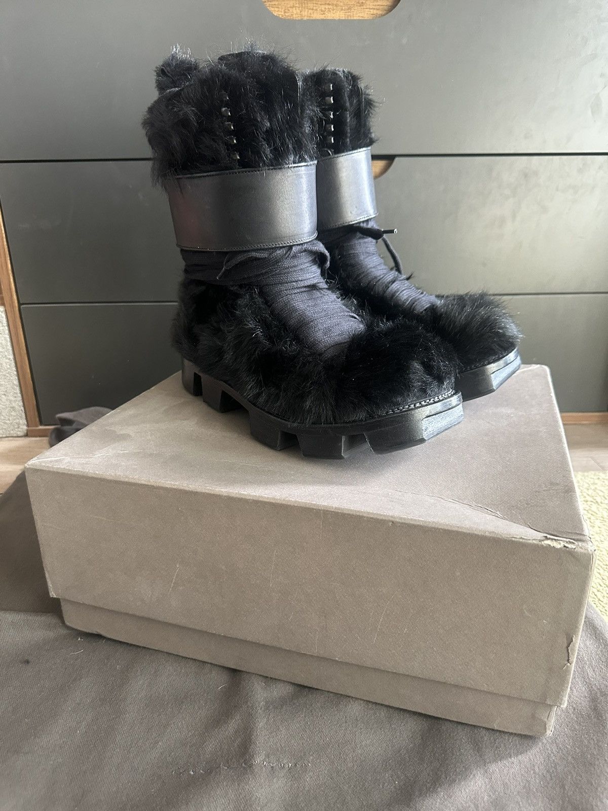 image of Rick Owens 2011 Plinth Pony Hair Lace Up Boots in Black, Men's (Size 9)