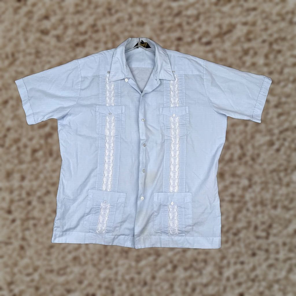 Vintage Guayabera Shirt Extra Large Blue Permanent Press 4 Pocket Poly Blend READ Men Size US XL / EU 56 / 4 - 1 Thumbnail