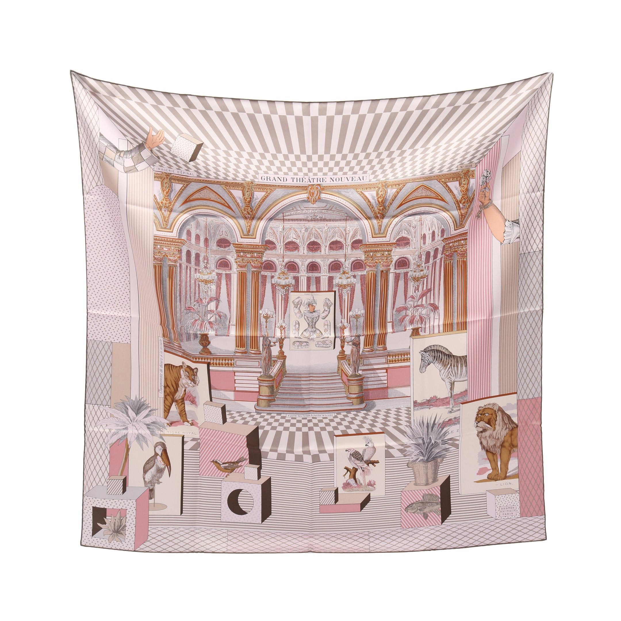Hermes Hermes Carres 90 Grand Theatre Nouveau Scarf Silk Pink Gray Brown Multicolor Size ONE SIZE - 1 Thumbnail