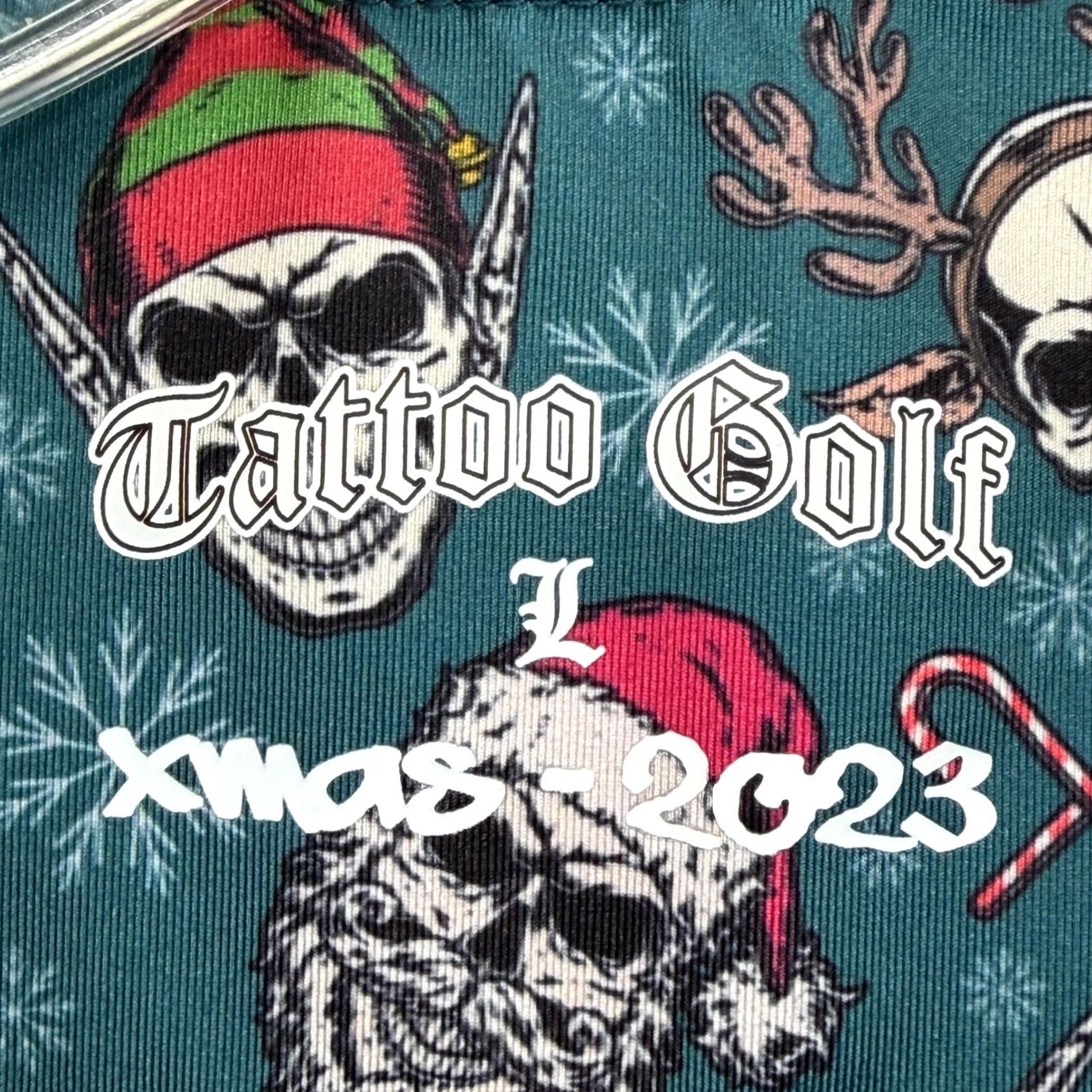 Vintage Tattoo Golf Mens Xmas 2023 Polo Shirt Teal Green L Stretch Short Sleeve Christmas Skulls Golf Shirt Mens Size US L / EU 52-54 / 3 - 4 Thumbnail