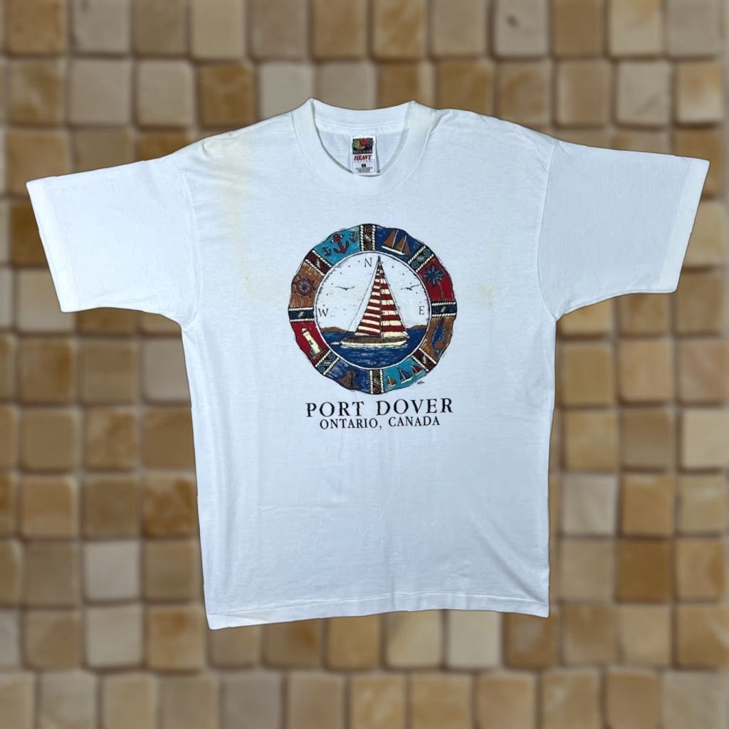 Fruit Of The Loom VINTAGE Port Dover Ontario, Canada Souvenir Graphic White Single Stitch T-Shirt Large Mens Cotton Fruit of the Loom Size US L / EU 52-54 / 3 - 1 Thumbnail
