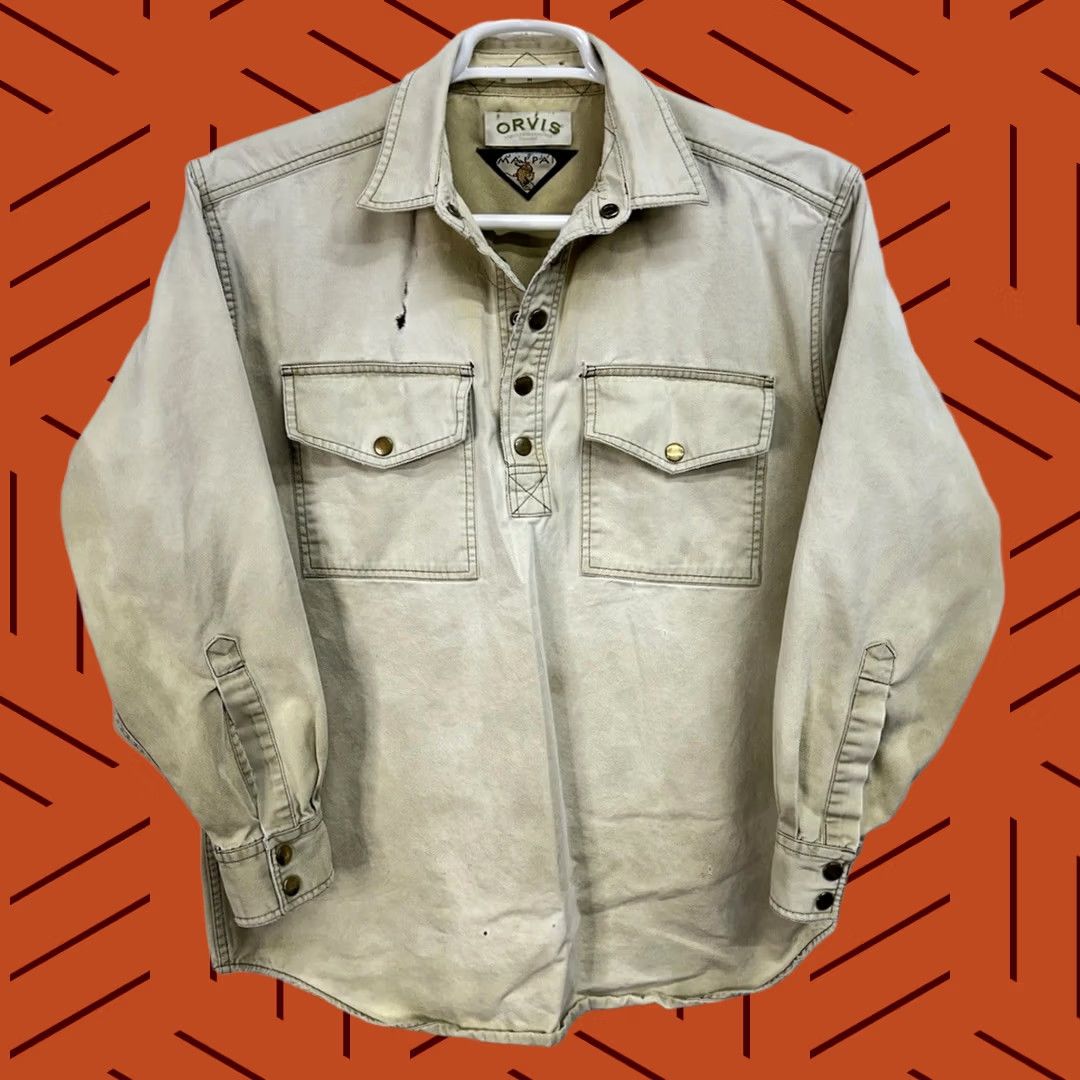 Orvis VINTAGE ORVIS Canvas Popover Shirt Medium Green Heavyweight Cotton Snap Front Destroyer Mens Size US L / EU 52-54 / 3 - 1 Thumbnail