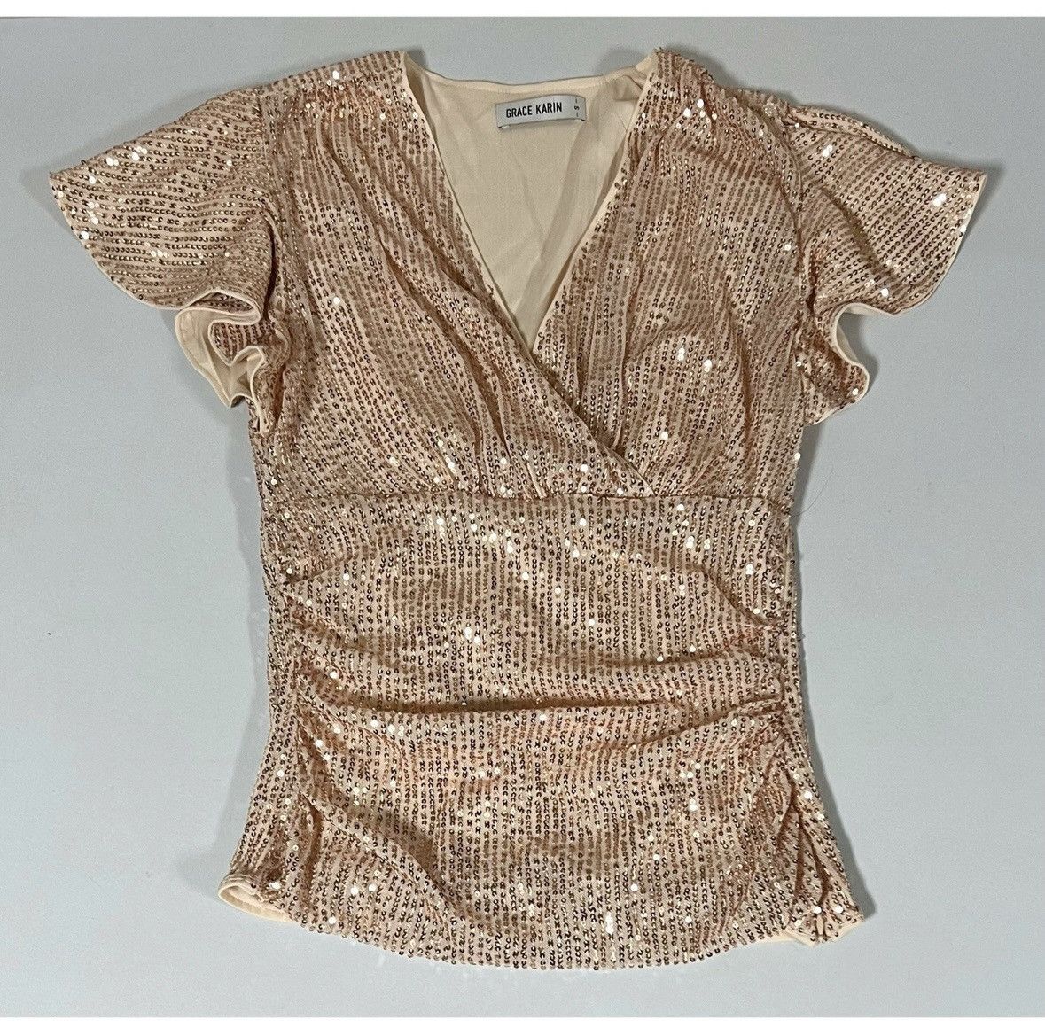 Grace in LA Gold Sequin Ruched Flounce Sleeve Shirt Top Blouse Size S ✨ Size S / US 4 / IT 40 - 3 Thumbnail