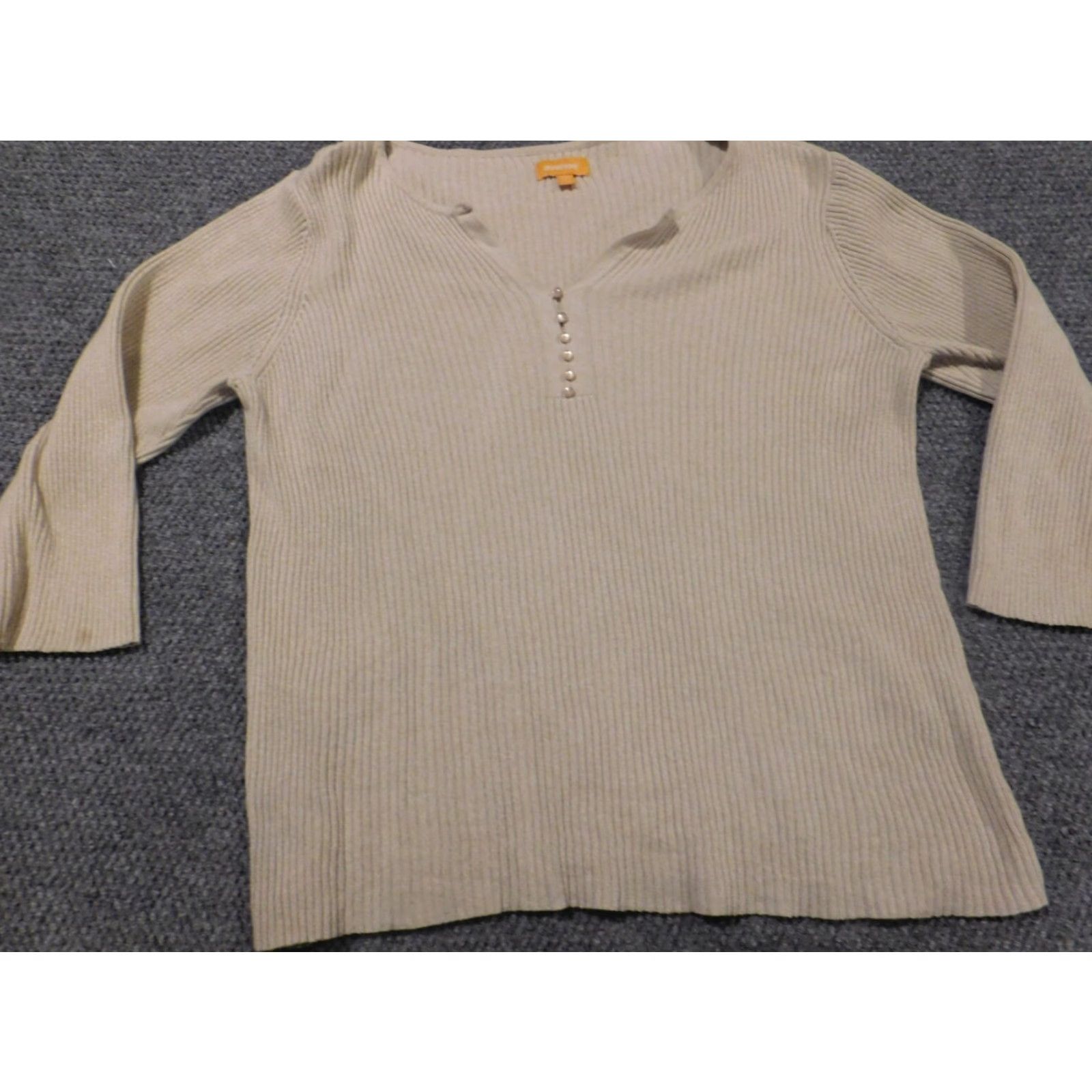 Avenue Avenue Sweater Pullover Women 22 Beige Long Sleeve Cotton Knit V-Neck Embroidered Casual Stretch Modern Vintage No Size 3XL / US 20-22 - 7 Thumbnail