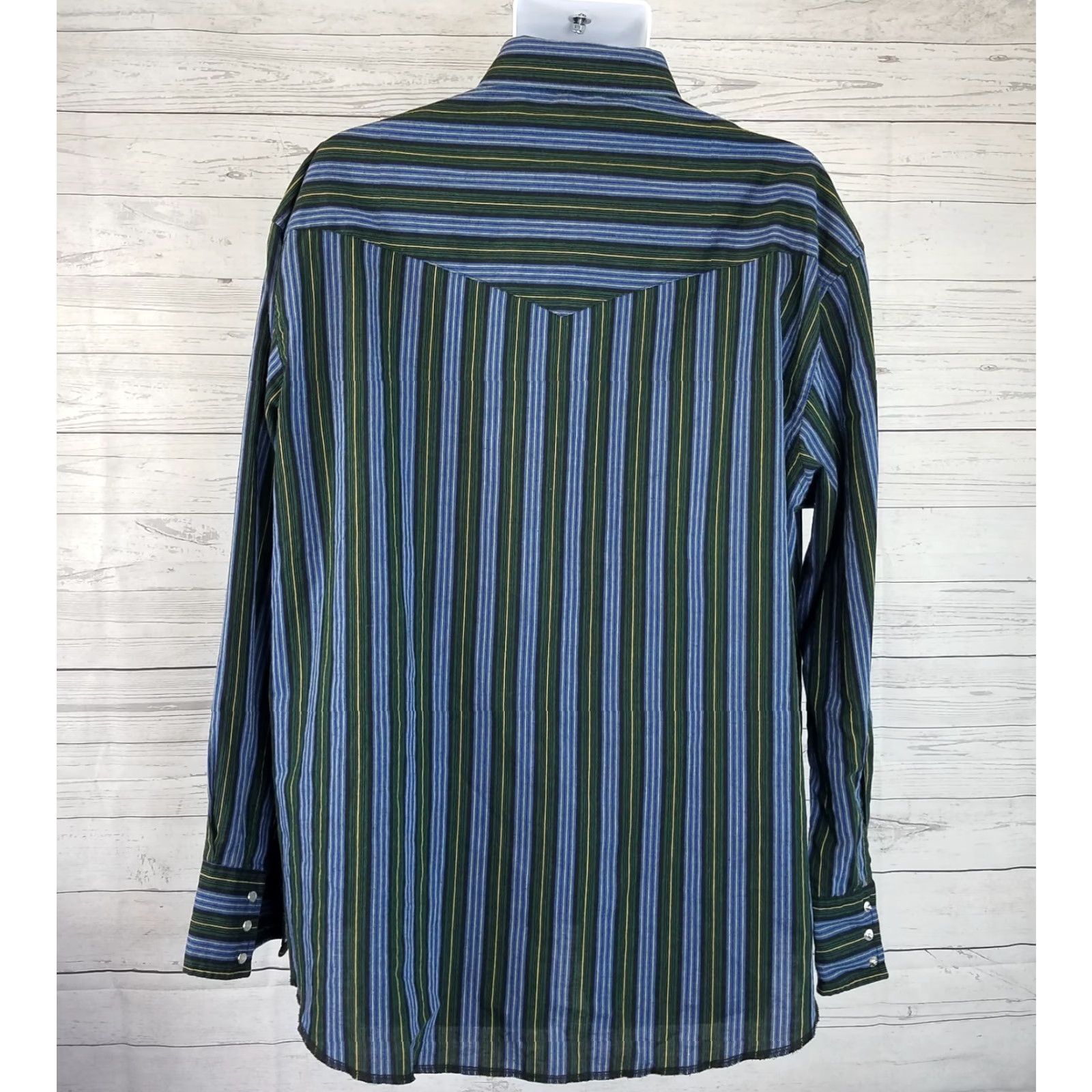 Wrangler Wrangler Mens Pearl Snap Shirt Sz 18 Green Blue Striped Long Sleeve Cotton Blend Shirt Mens 18 Green Striped Western Wrangler Pearl Snap Shirt Size US XXL / EU 58 / 5 - 3 Thumbnail