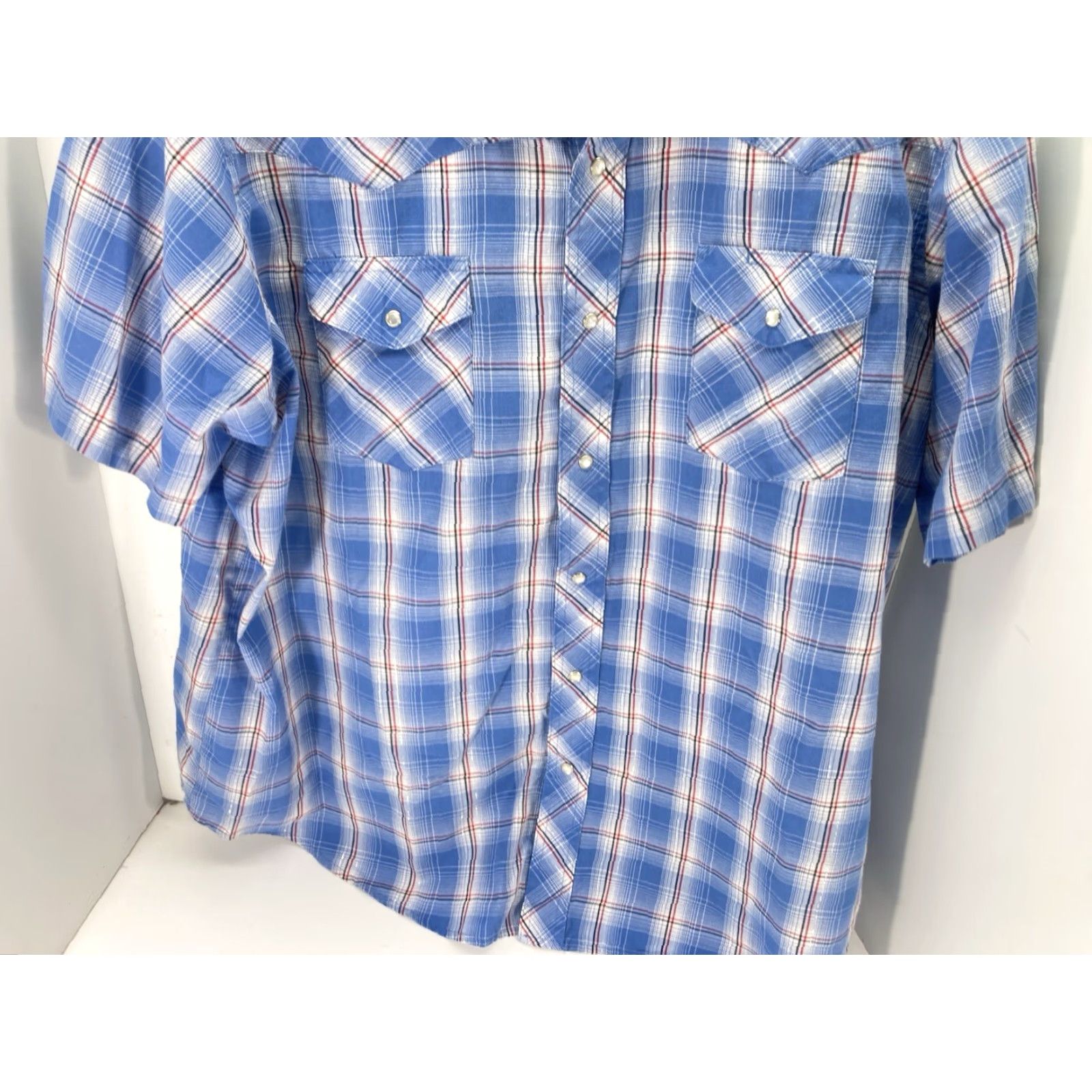 Wrangler VINTAGE Wrangler Pearl Snap Western Shirt Men 2XL Blue Short Sleeve Plaid Metallic Thread Pearl Snap Shirt Mens Western 2XL Blue Sleeve Short Size US XXL / EU 58 / 5 - 3 Thumbnail